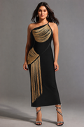 Roanna One Shoulder Sleeveless Golden Tassels Bandage Maxi Dress	