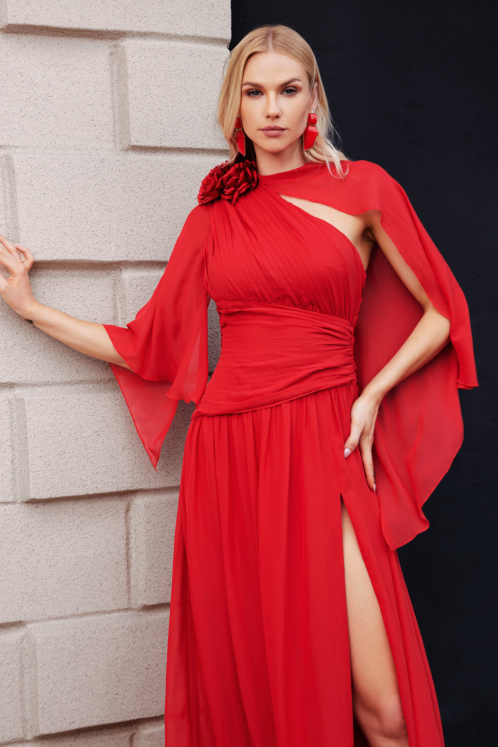 Savier Flower One Shoulder Slit Dress	