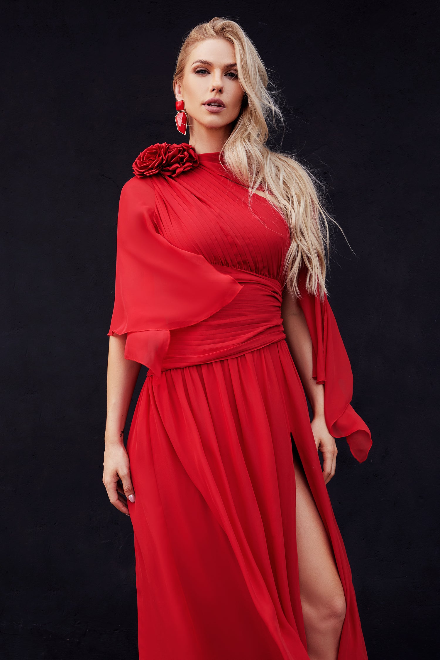 Savier Flower One Shoulder Slit Dress	