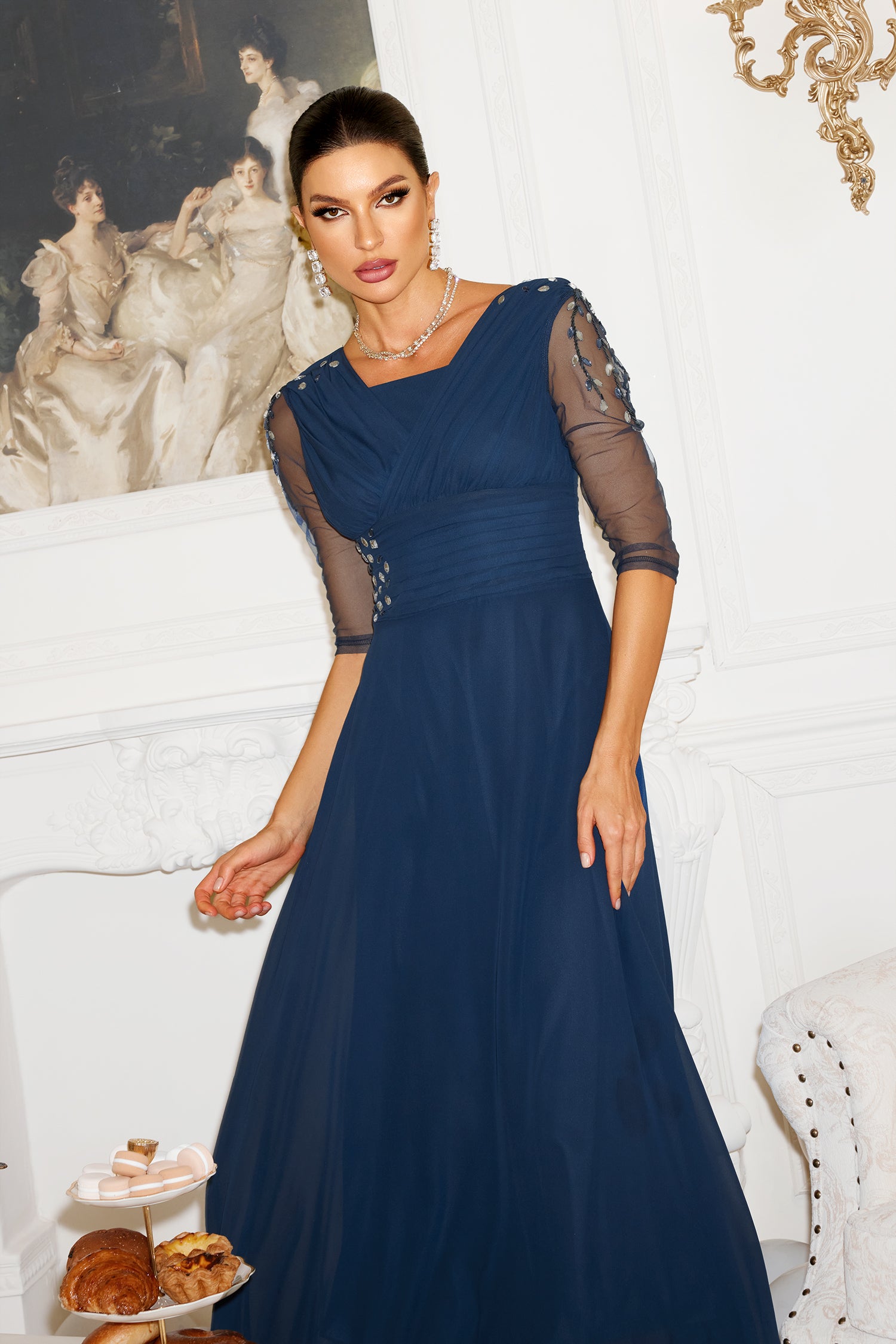 Blanche Diamante Pleated Mesh Satin Maxi Dress - Navy	
