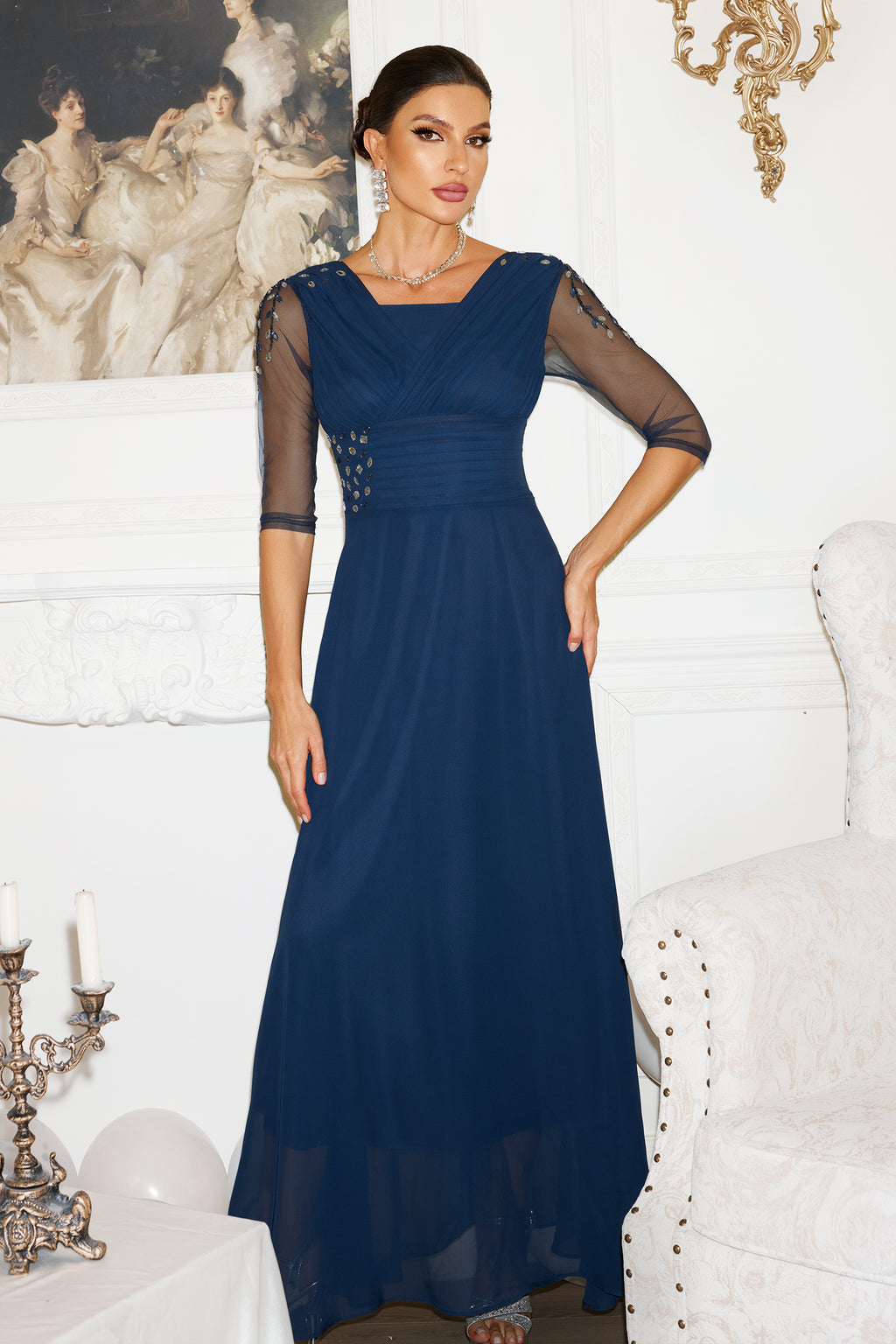 Blanche Diamante Pleated Mesh Satin Maxi Dress - Navy	
