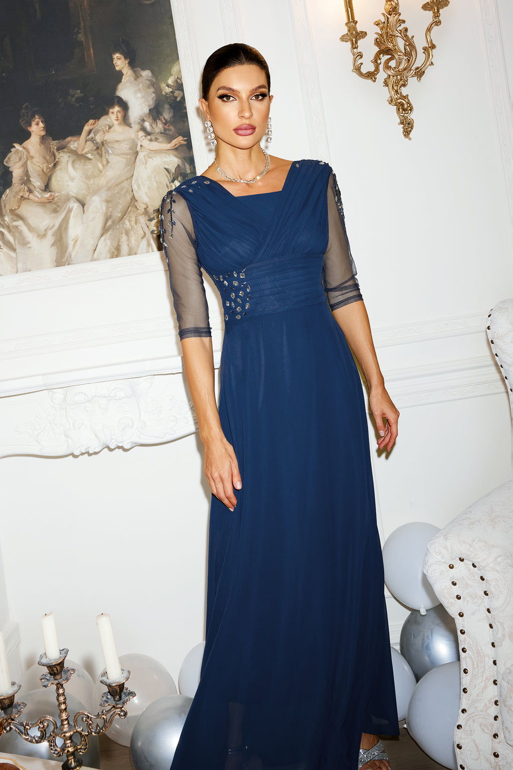 Blanche Diamante Pleated Mesh Satin Maxi Dress - Navy	