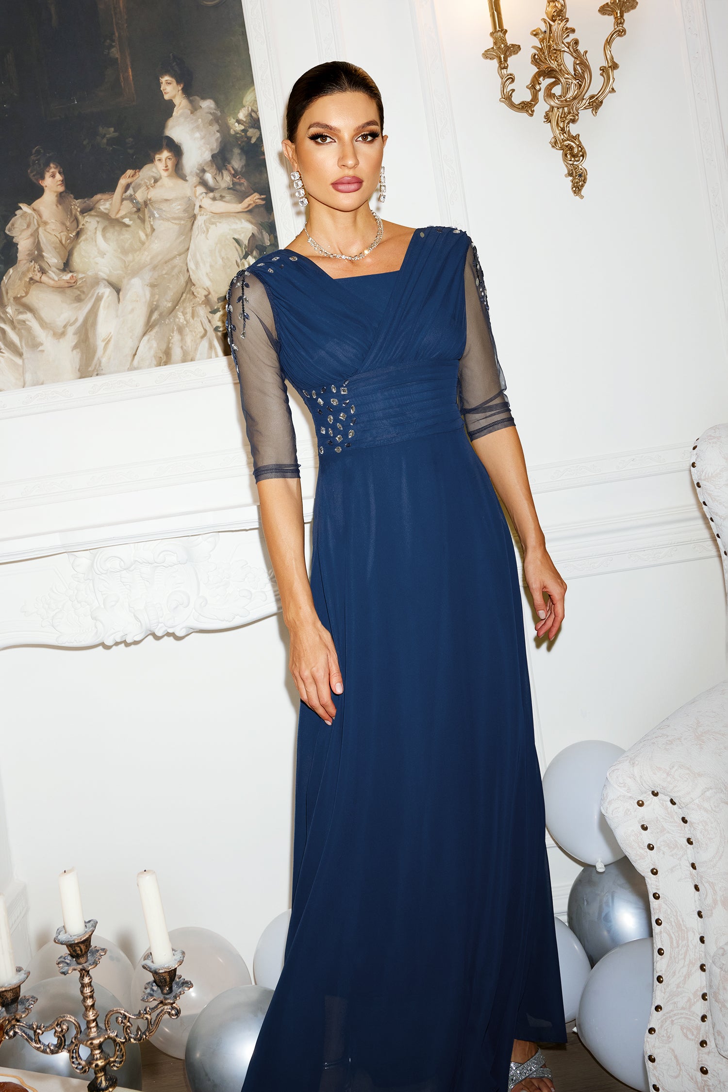 Blanche Diamante Pleated Mesh Satin Maxi Dress - Navy	