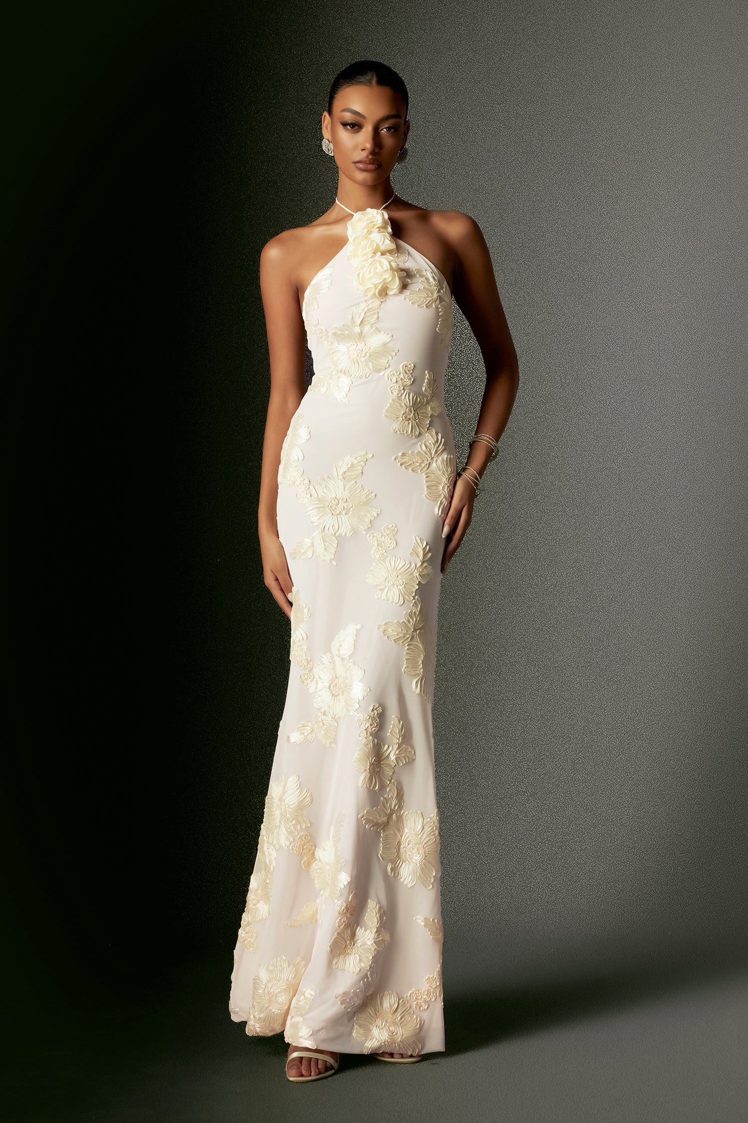 Griselda Flower Halter Embroidery Maxi Dress - White	