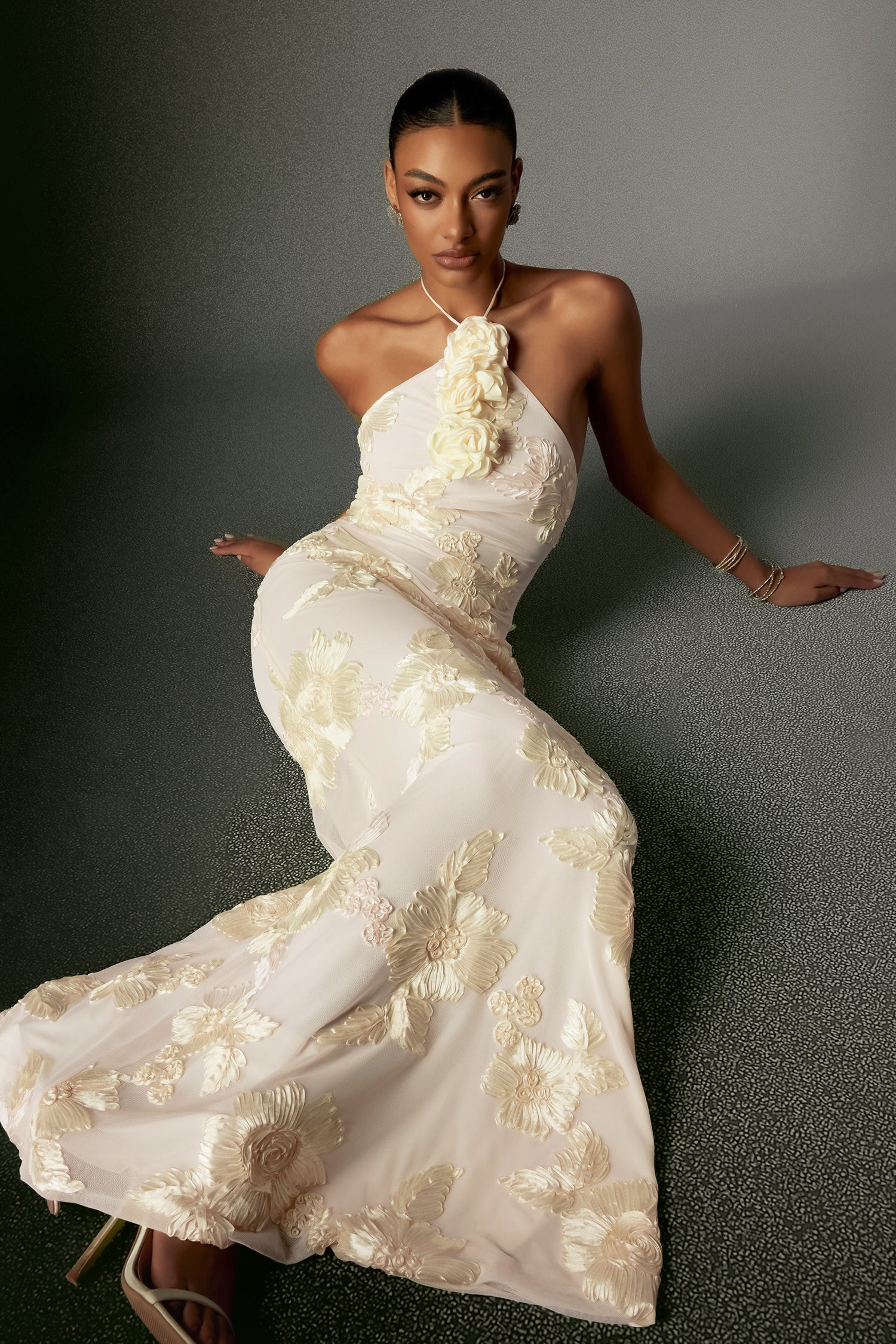 Griselda Flower Halter Embroidery Maxi Dress - White	