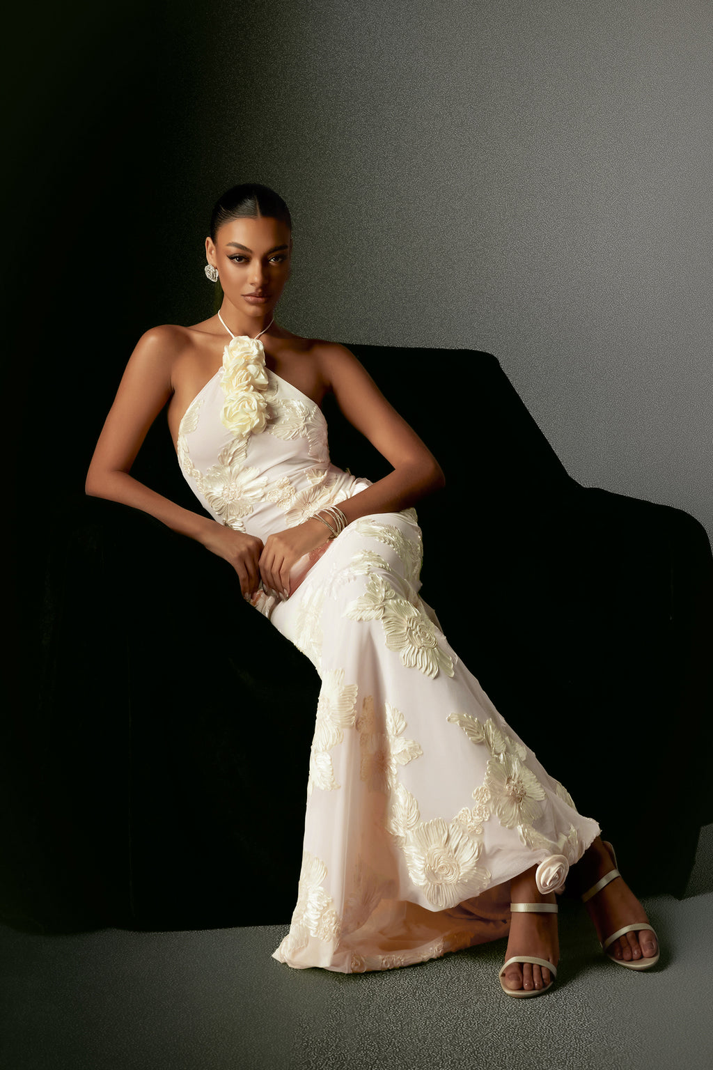 Griselda Flower Halter Embroidery Maxi Dress - White	