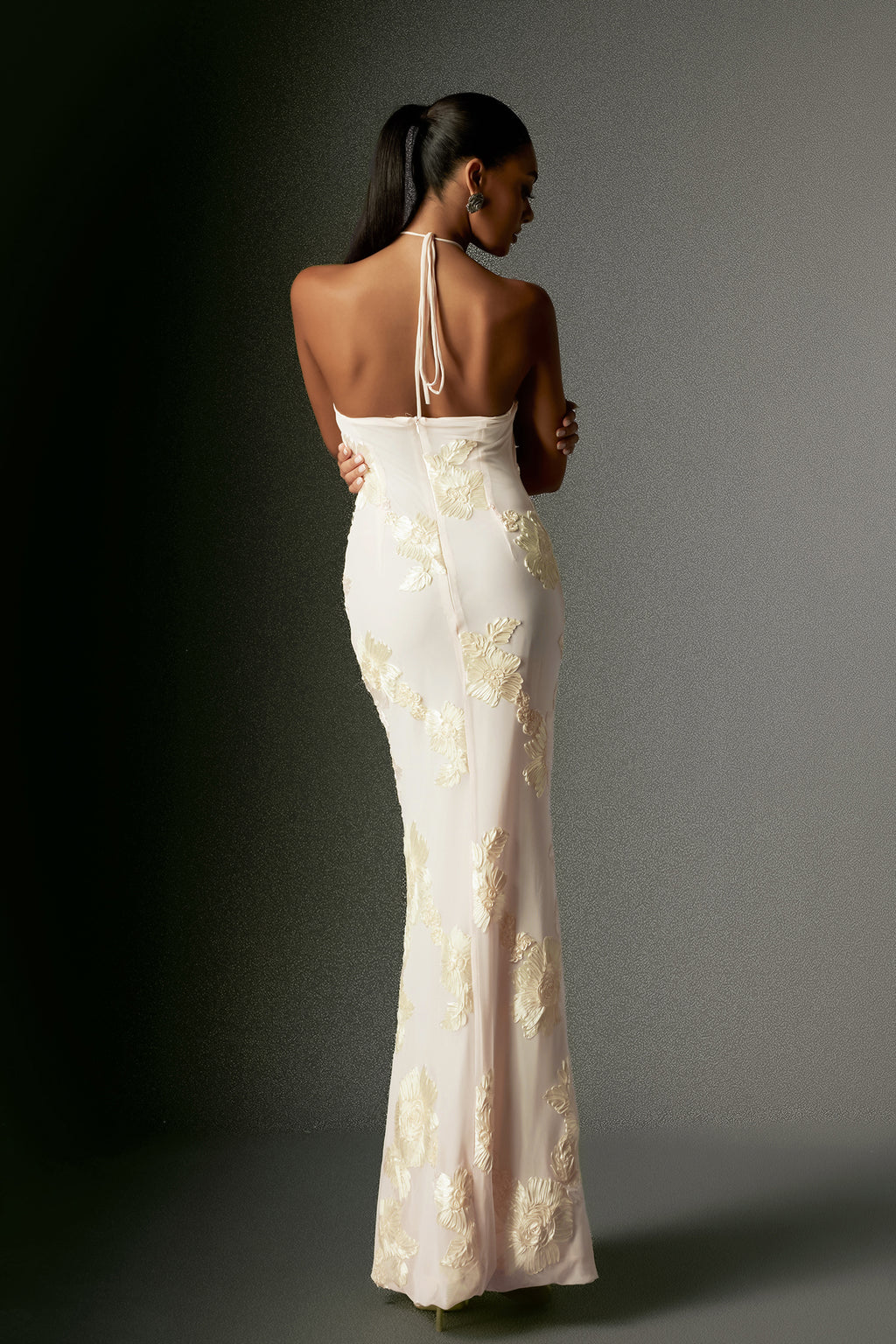 Griselda Flower Halter Embroidery Maxi Dress - White	
