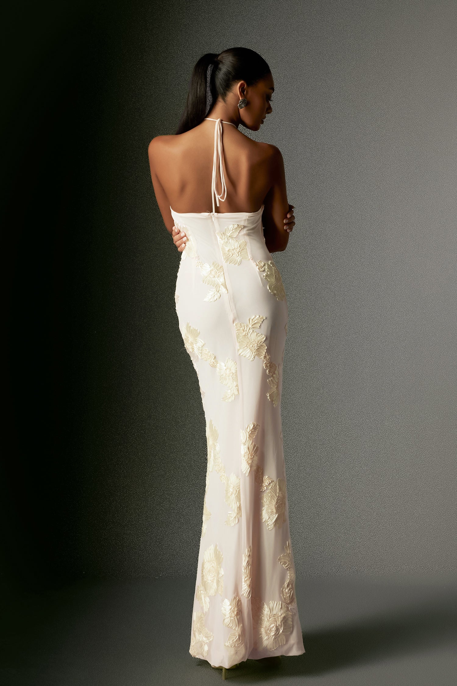 Griselda Flower Halter Embroidery Maxi Dress - White	