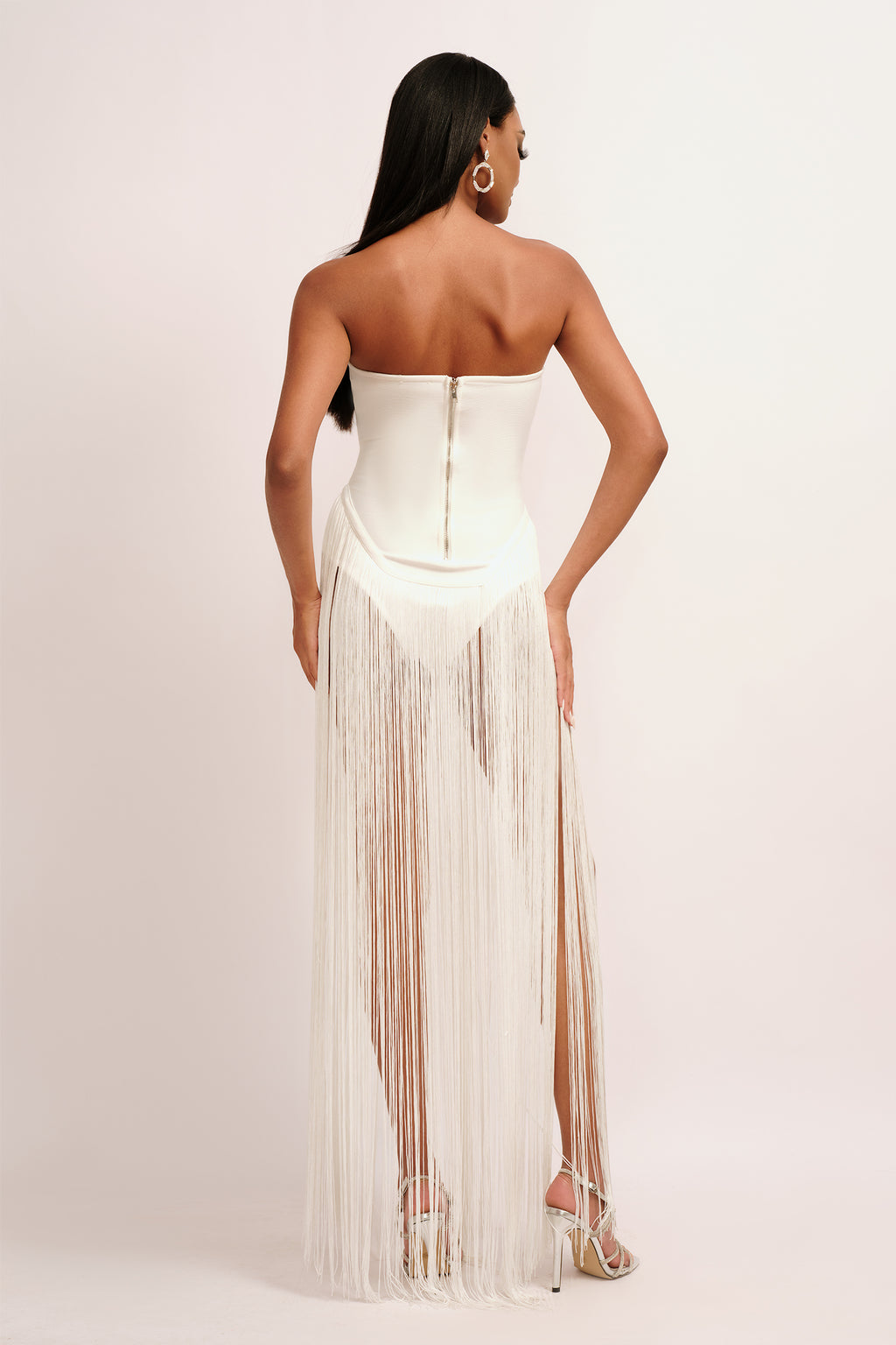 Valentina Strapless Fringe Dress - White	