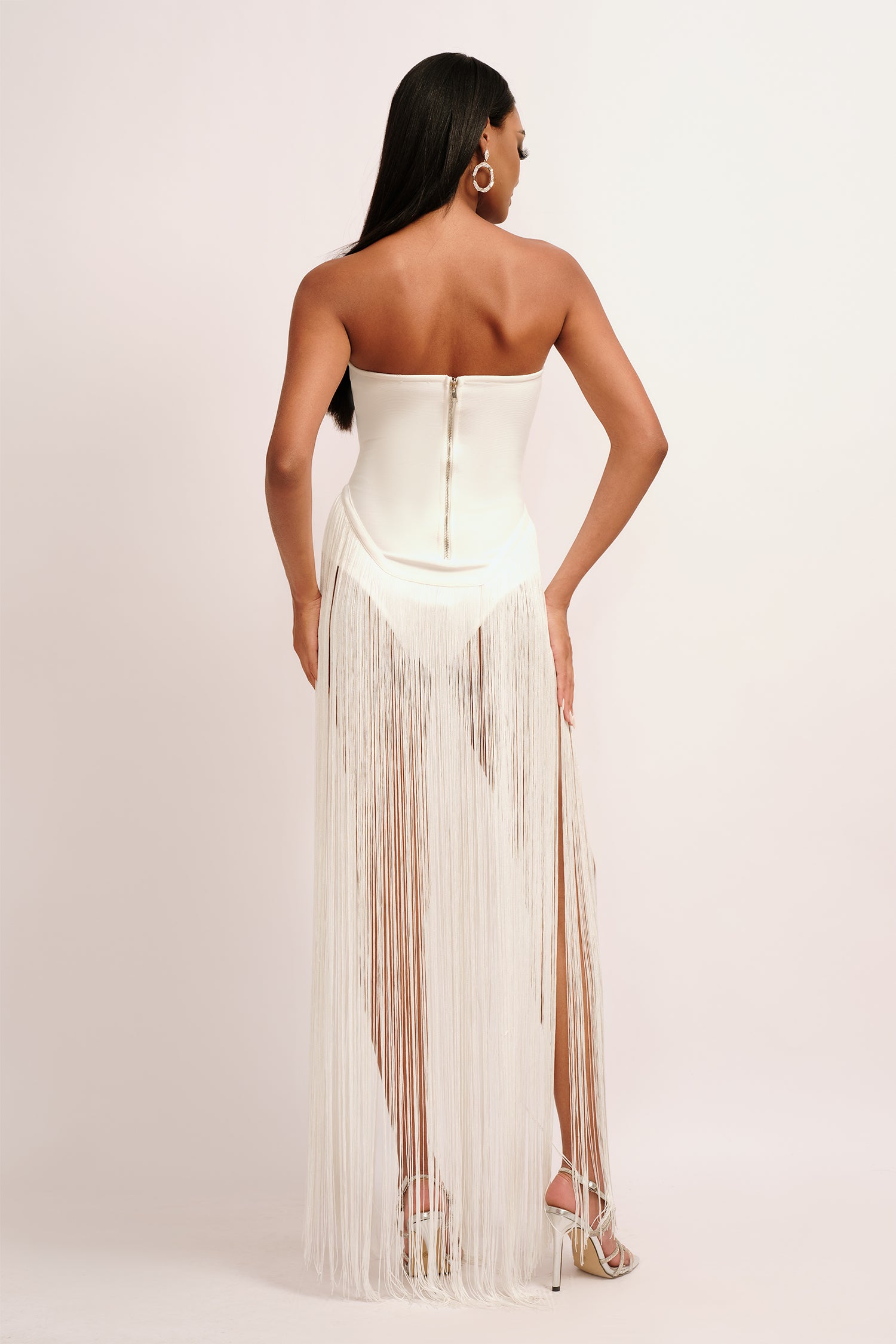 Valentina Strapless Fringe Dress - White	