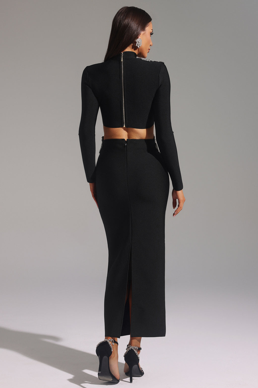 Ulama Choker Long Sleeve Diamond Flowers Bandage Maxi Two-Piece Set	