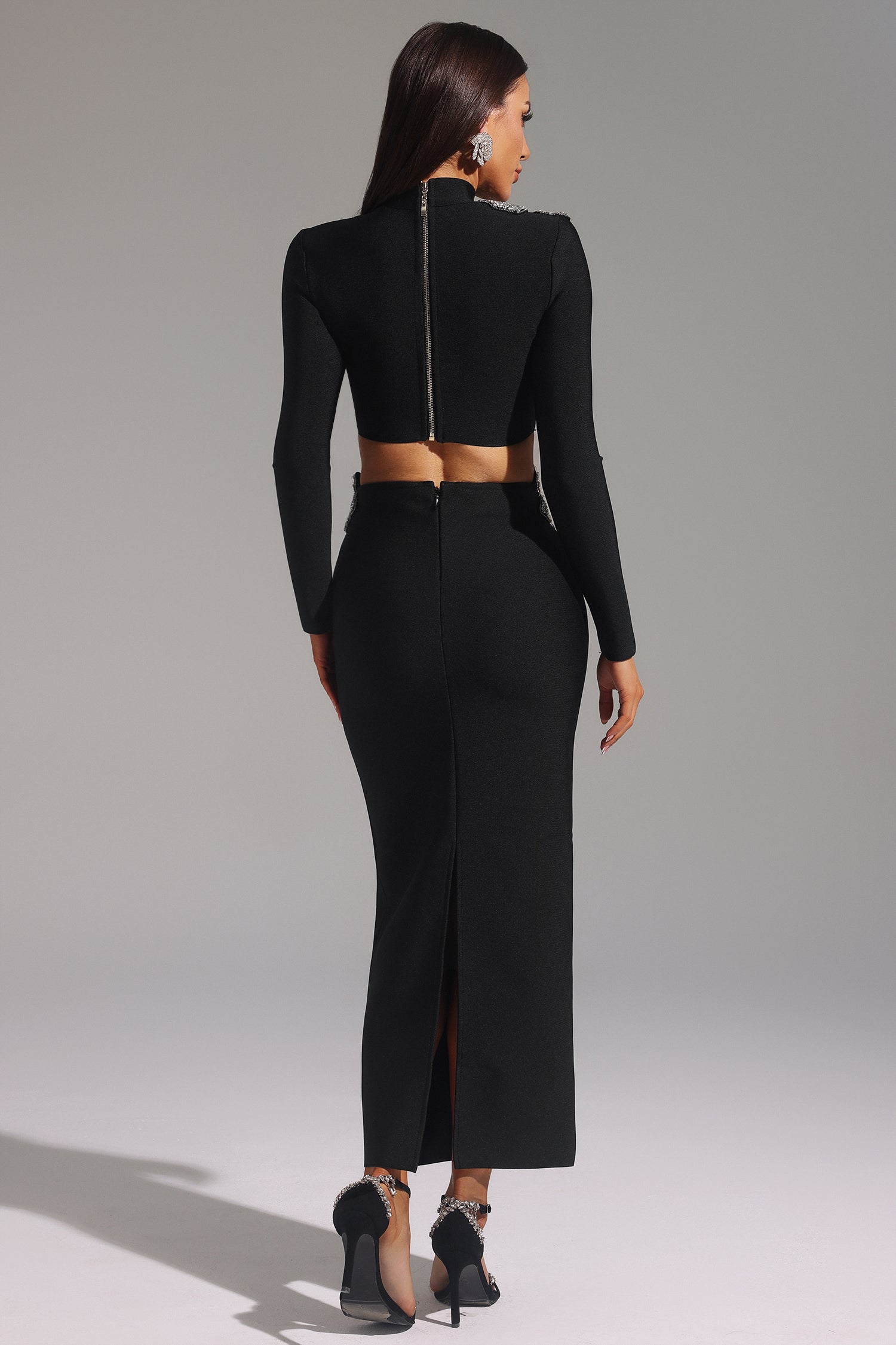 Ulama Choker Long Sleeve Diamond Flowers Bandage Maxi Two-Piece Set	