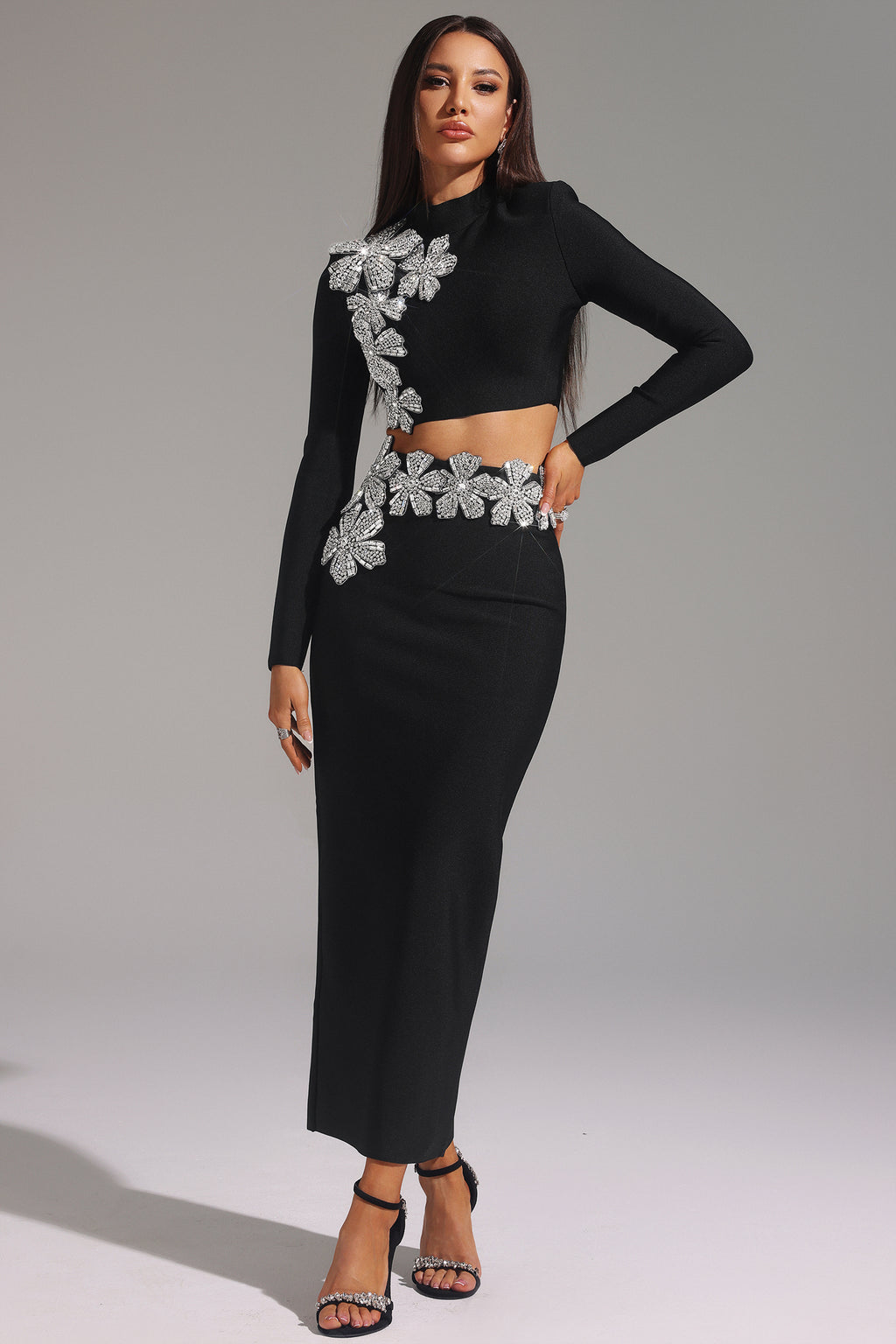 Ulama Choker Long Sleeve Diamond Flowers Bandage Maxi Two-Piece Set	