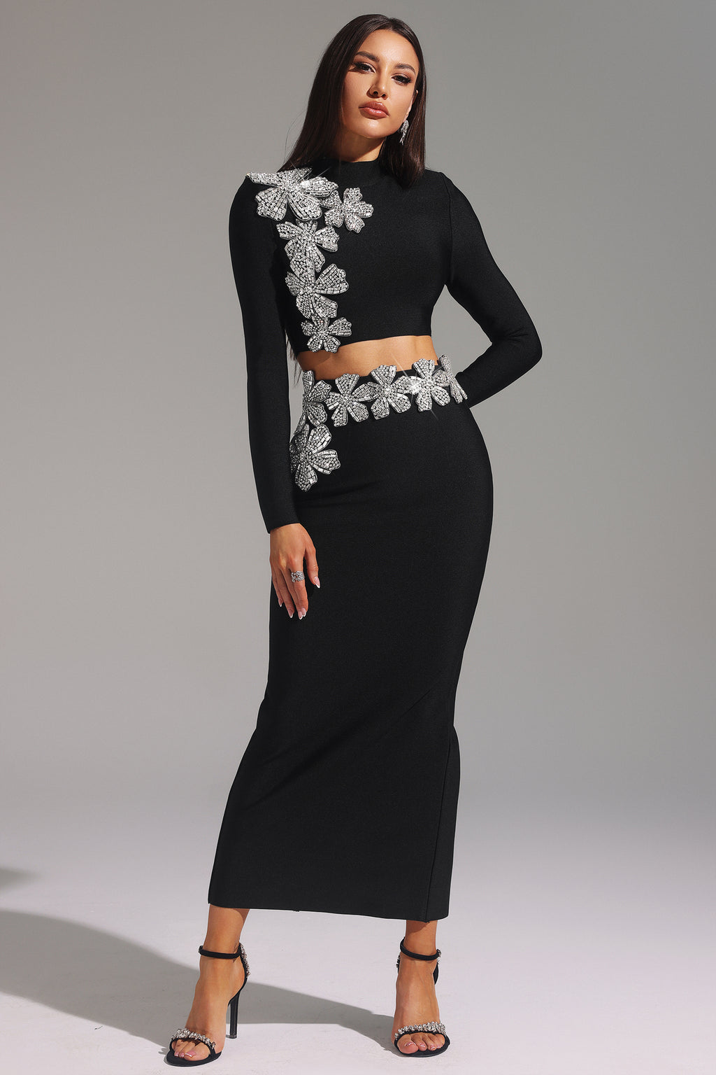 Ulama Choker Long Sleeve Diamond Flowers Bandage Maxi Two-Piece Set	