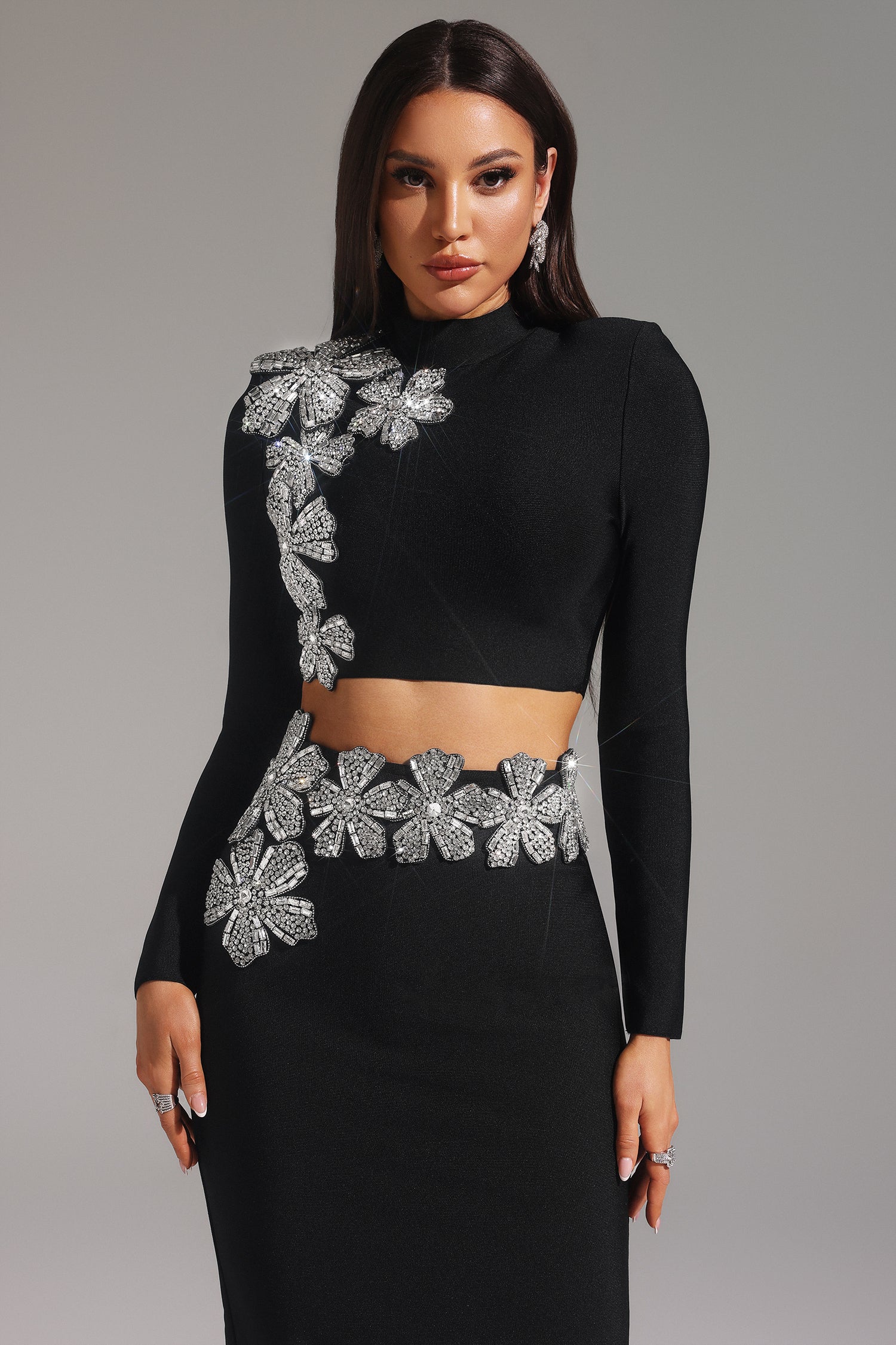 Ulama Choker Long Sleeve Diamond Flowers Bandage Maxi Two-Piece Set	