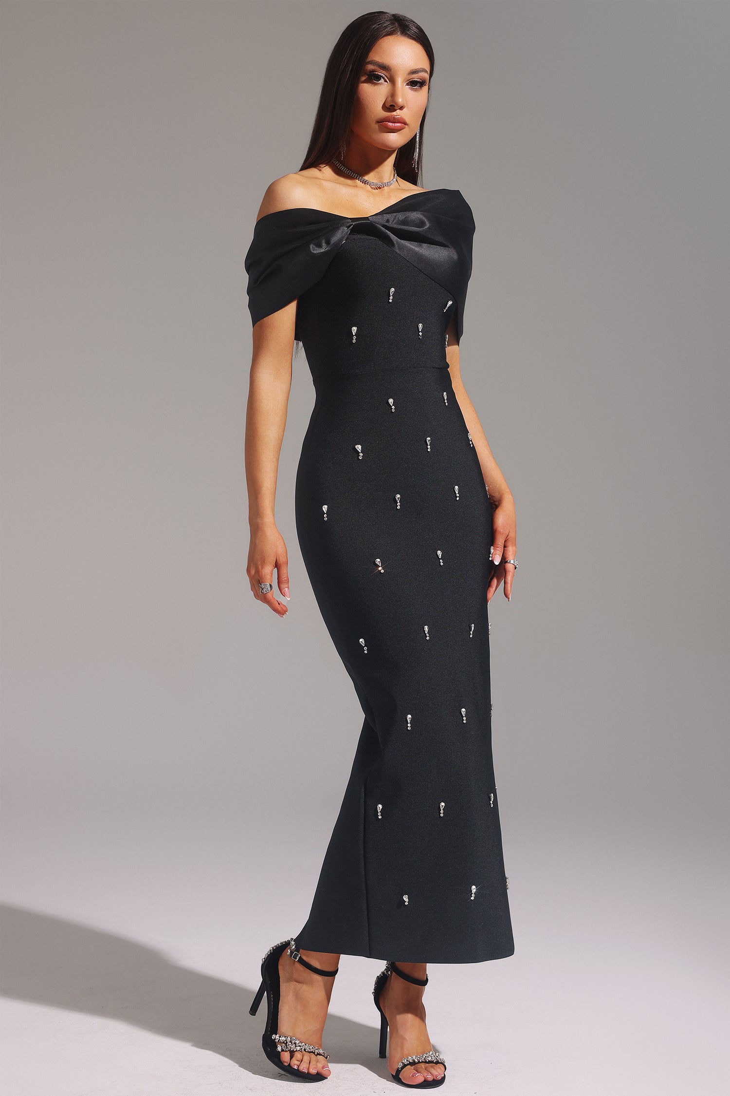 Palez Sleeveless One Shoulder Diamond Bow Bandage Maxi Dress