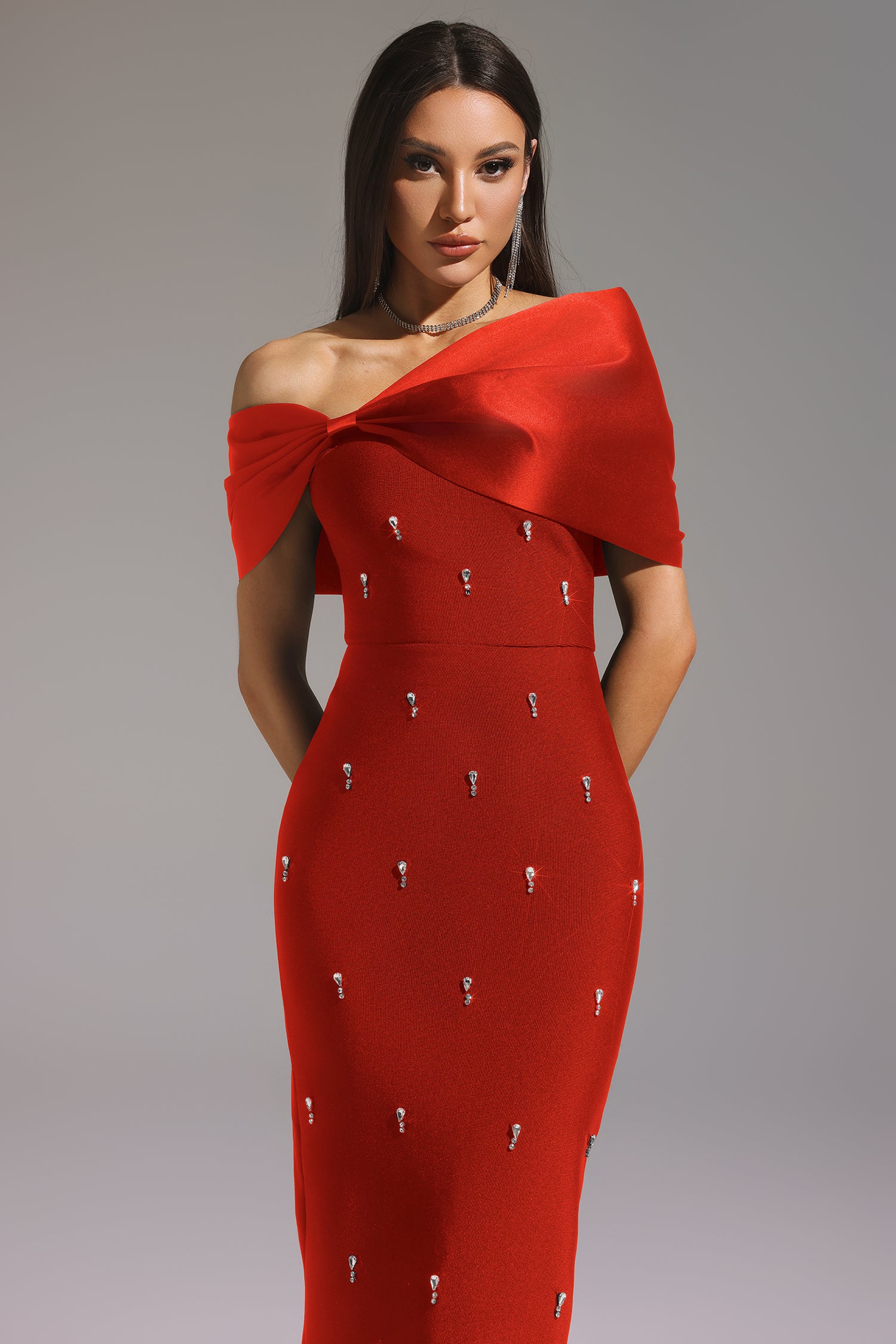 Palez Sleeveless One Shoulder Diamond Bow Bandage Maxi Dress