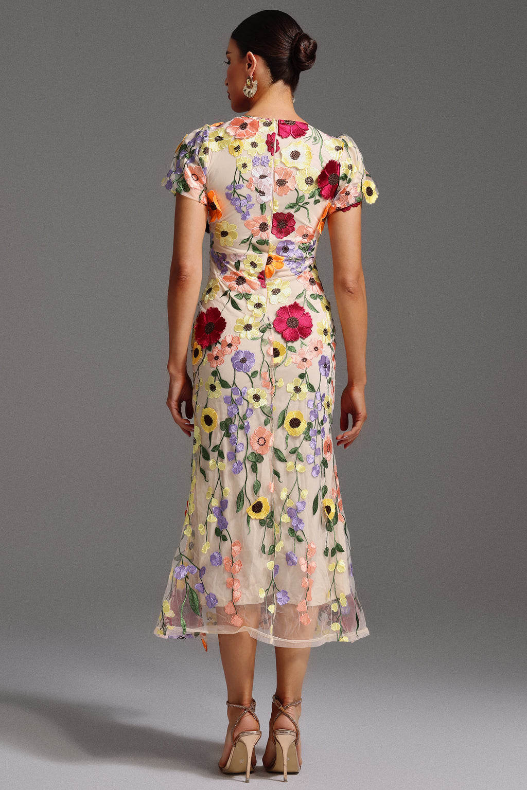 Naya Short Sleeve Round Neck Flowers Fishtail Maxi Dress
