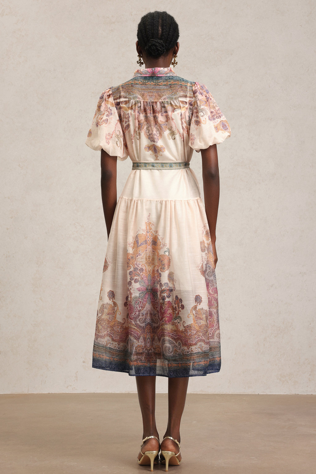 Tusare Lapel Floral Printed Midi Dress