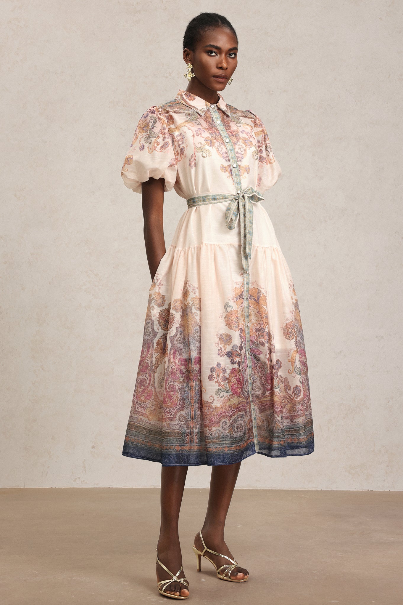 Tusare Lapel Floral Printed Midi Dress