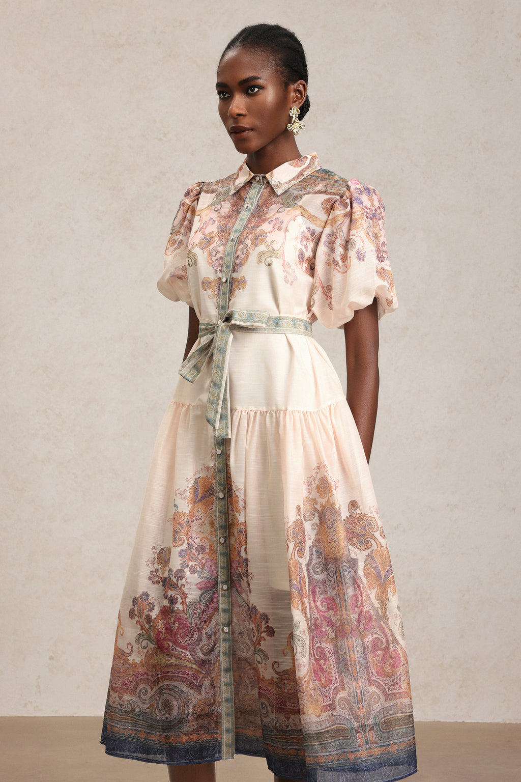 Tusare Lapel Floral Printed Midi Dress