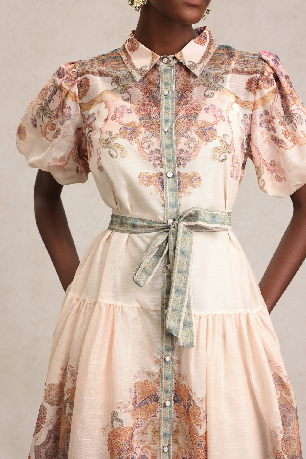 Tusare Lapel Floral Printed Midi Dress