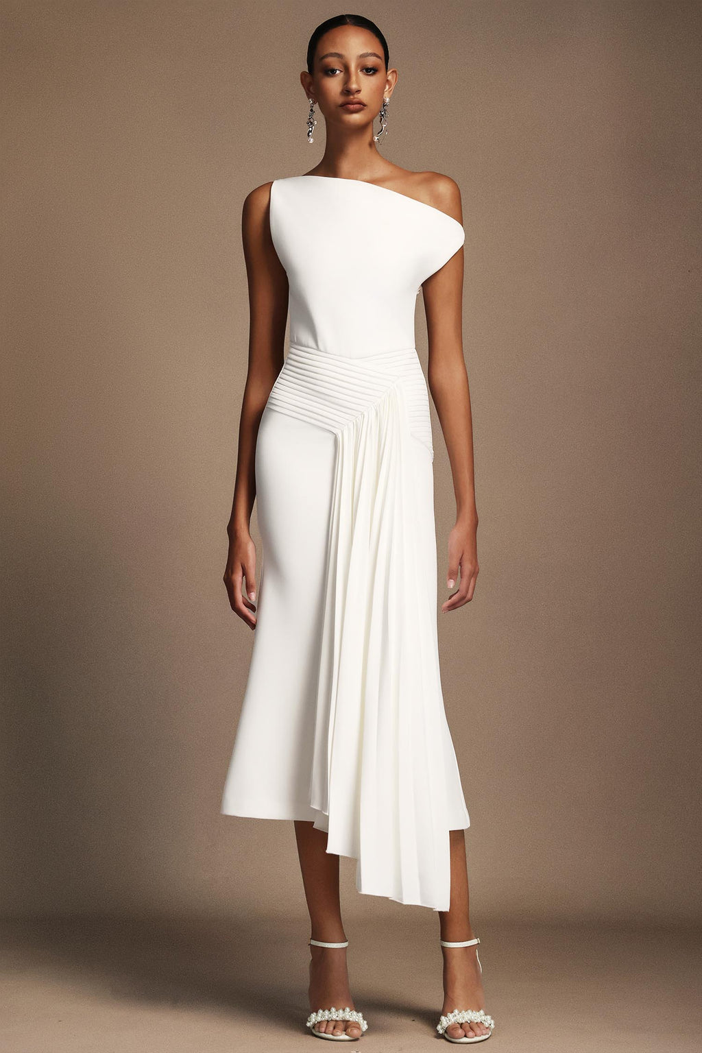 Paulina Oblique Shoulder Sleeveless Folds Midi Dress	