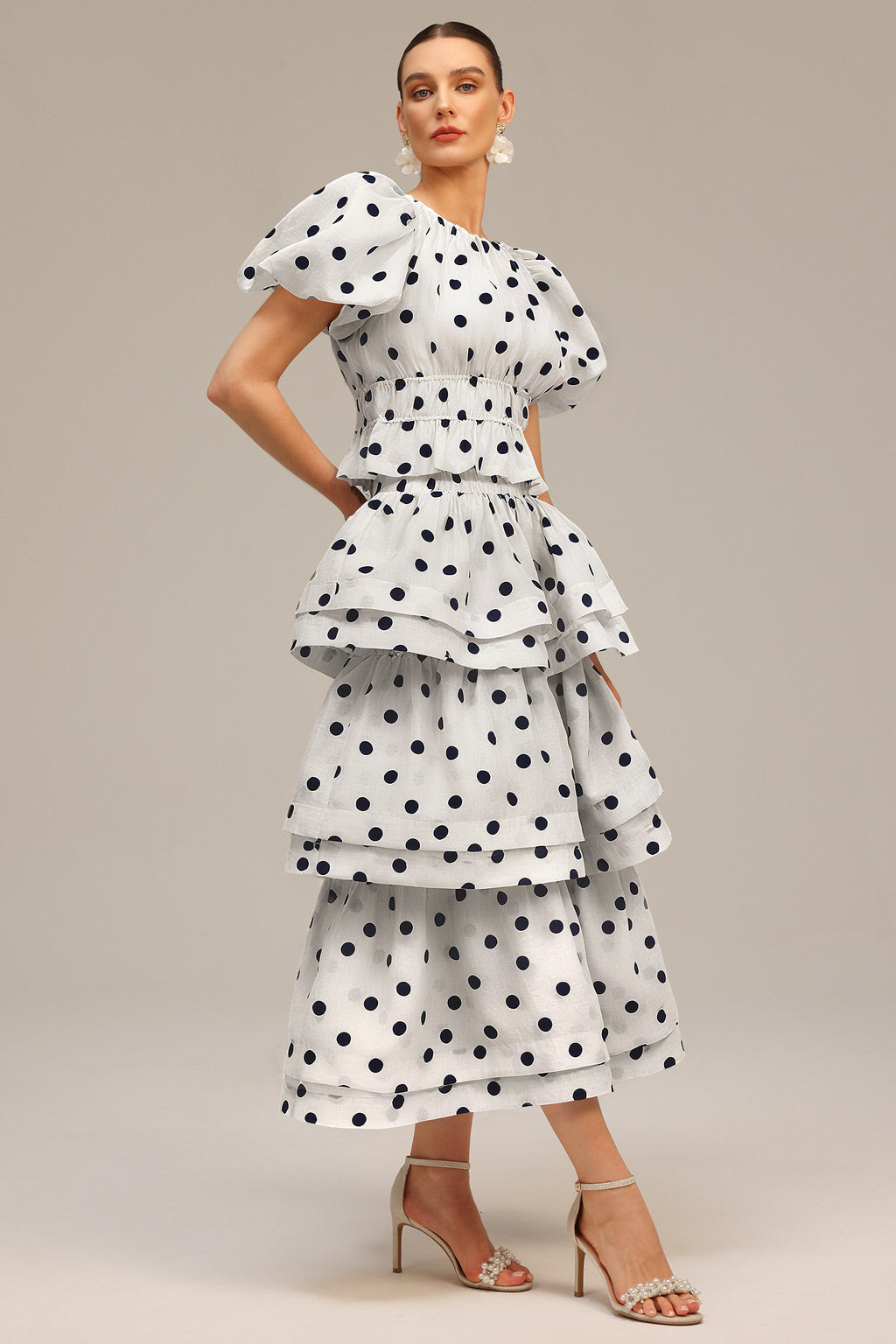 Nasim Puff Sleeves Dot Printed Top And Skirt Two-Piece Set