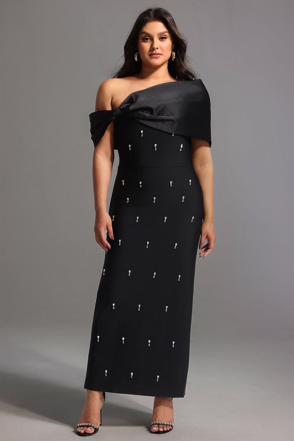 Palez Sleeveless One Shoulder Diamond Bow Bandage Maxi Dress	