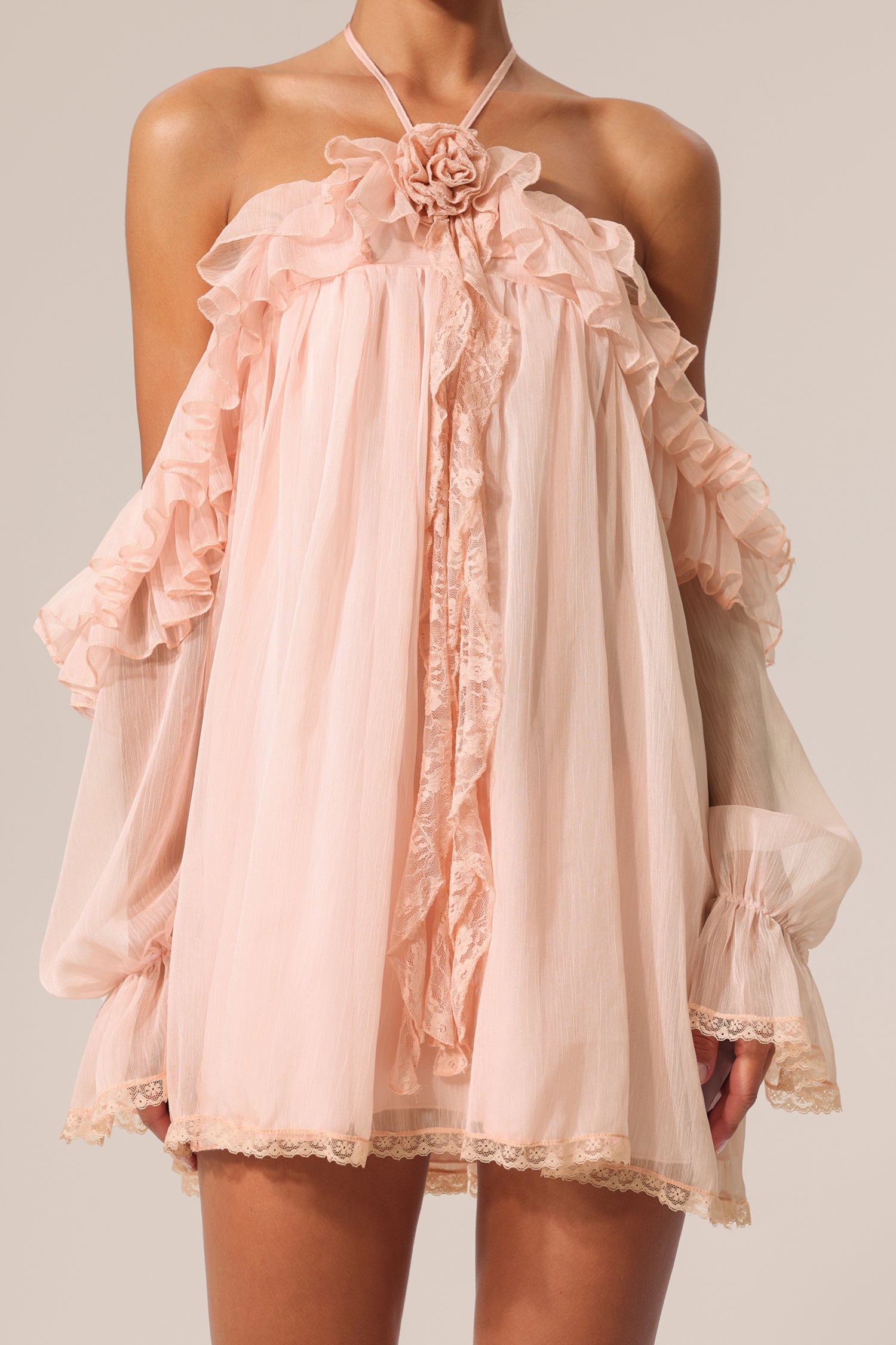 Estella Long Sleeves Flowers Folds Mini Dress