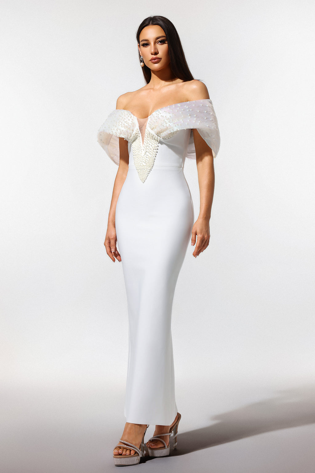 Sharina Off-The-Shoulder Pearl Bandage Maxi Dress