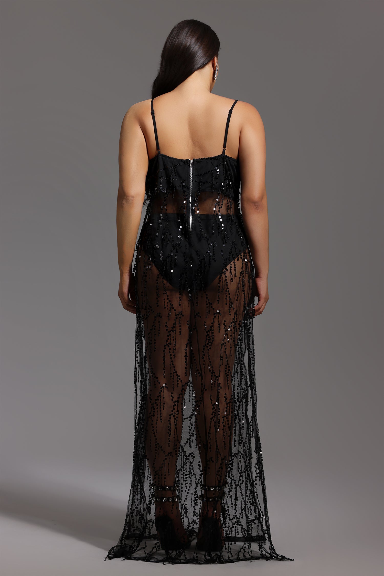 Panra Sleeveless Tassels Sequin Slit Maxi Dress