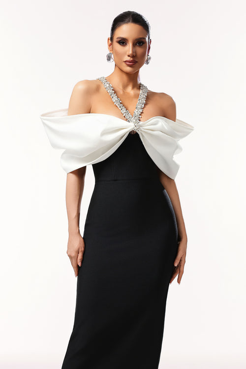 Lucifa Halter Sleeveless Bow Diamond Ribbon Bandage Maxi Dress