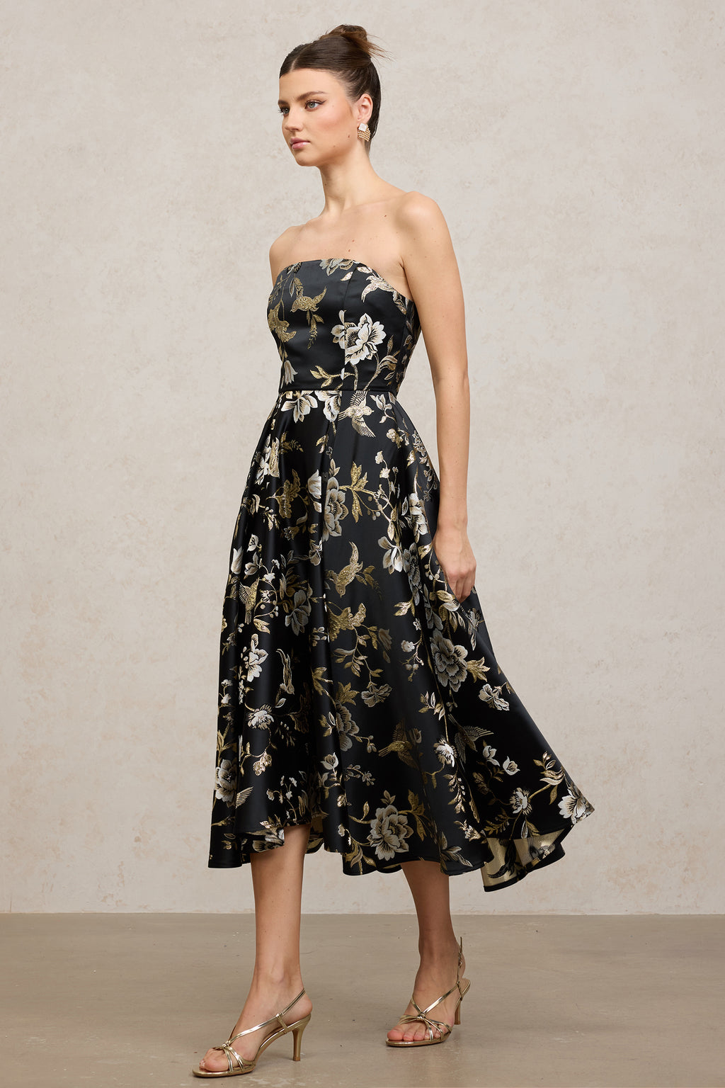 Floral - Patterned Satin Midi Dress	