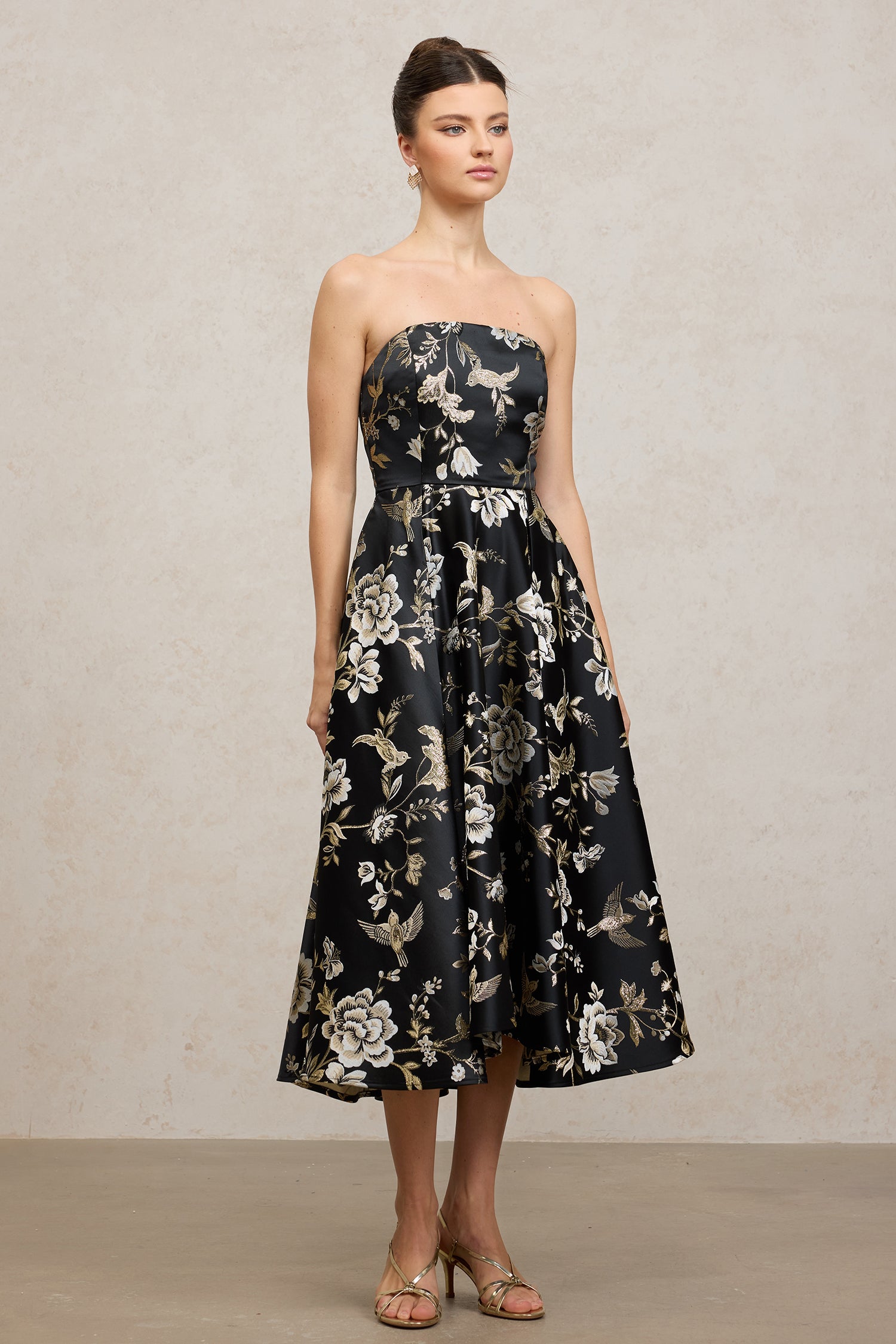 Floral - Patterned Satin Midi Dress	