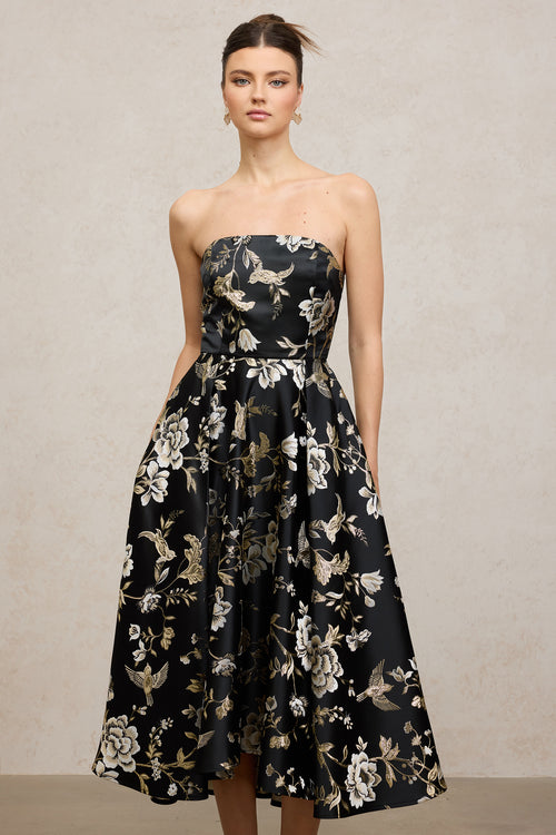 Floral - Patterned Satin Midi Dress	