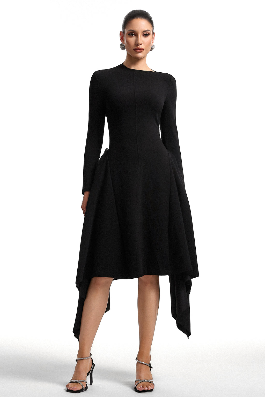 Sylvia Long Sleeves Black Midi Dress	