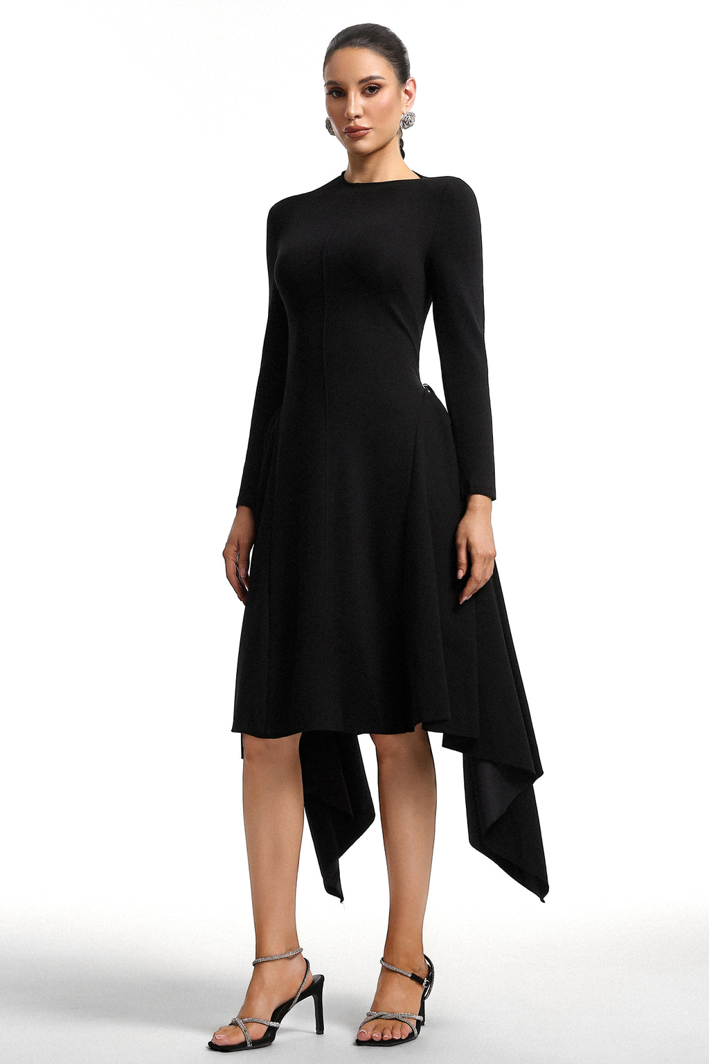 Sylvia Long Sleeves Black Midi Dress	