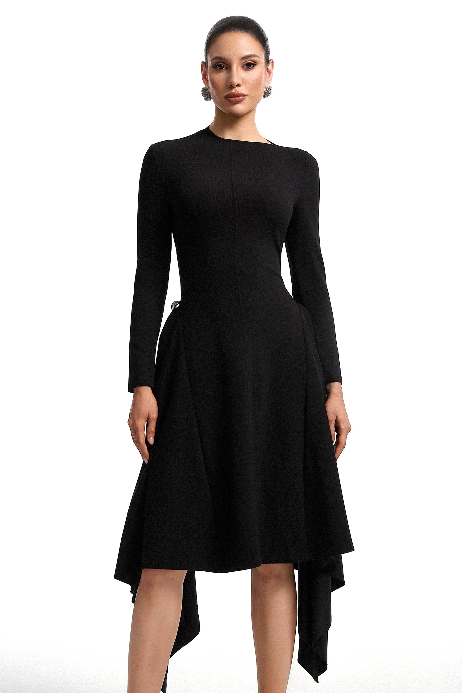 Sylvia Long Sleeves Black Midi Dress	