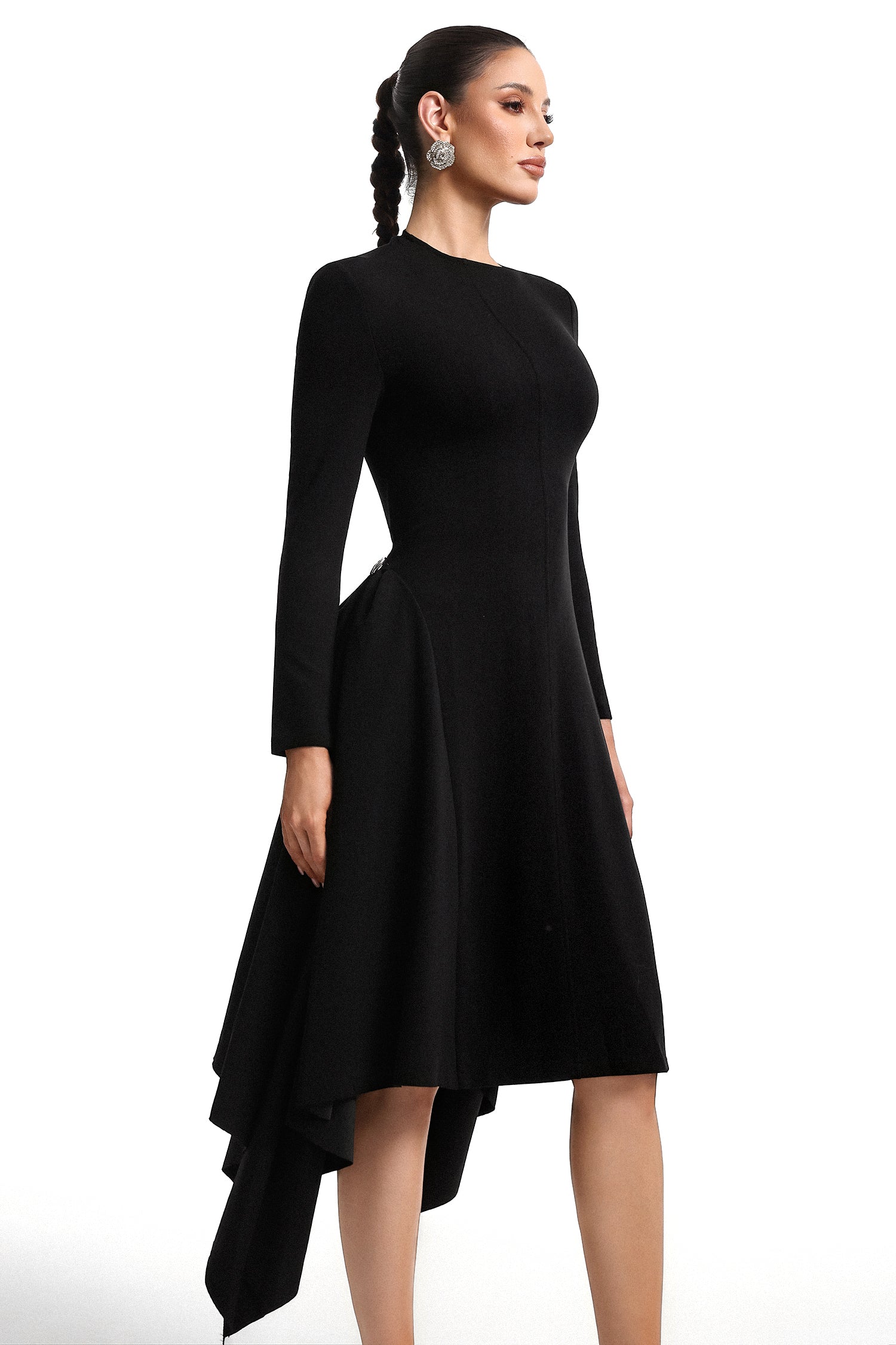 Sylvia Long Sleeves Black Midi Dress	