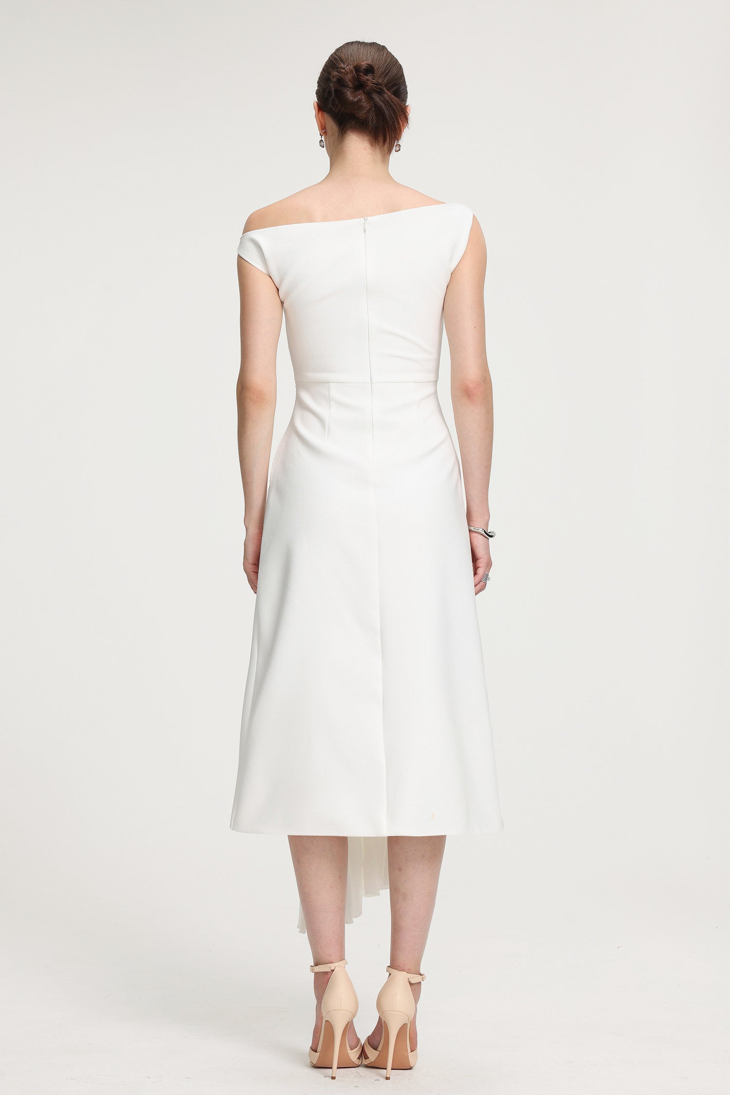Asymmetric Pleated Crepe Midi Dress	