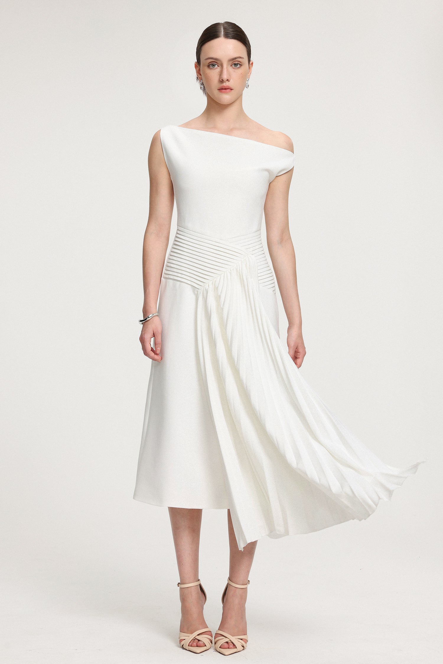 Asymmetric Pleated Crepe Midi Dress	