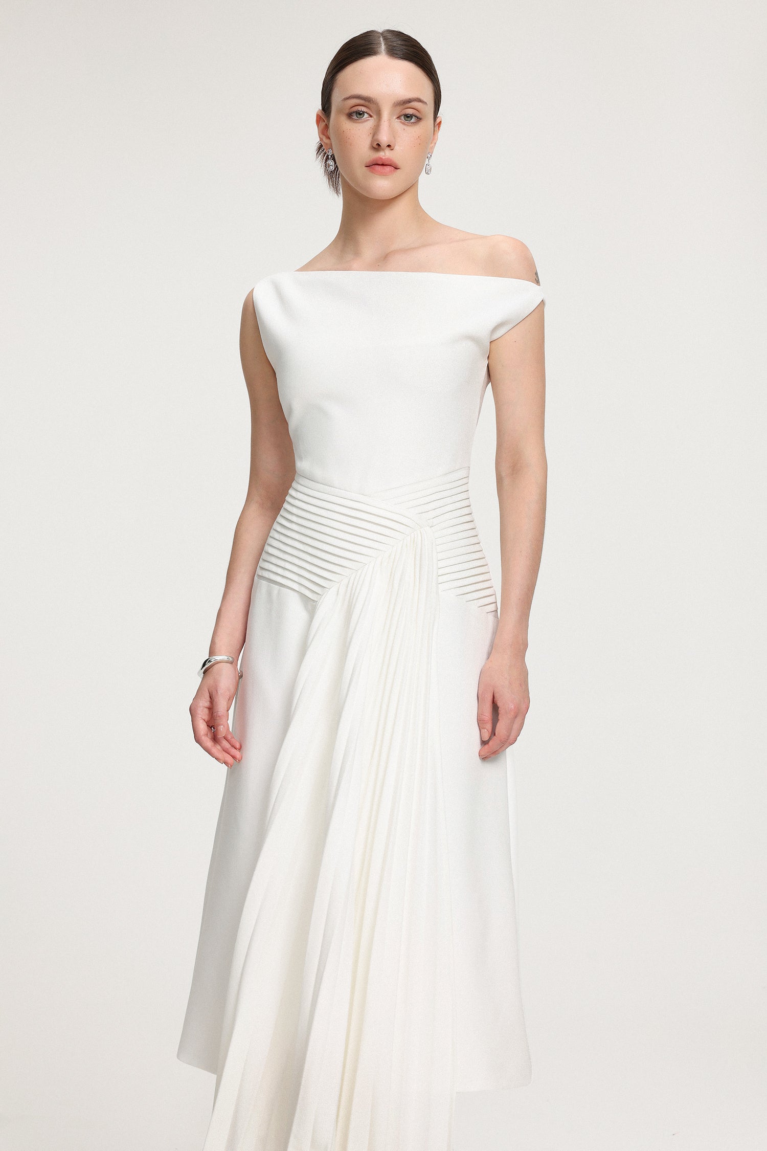 Asymmetric Pleated Crepe Midi Dress	