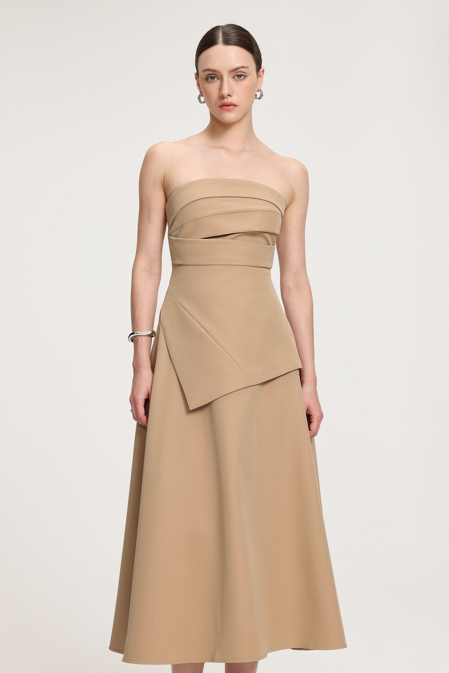 Asymmetric-Draped Crepe Midi Dress	