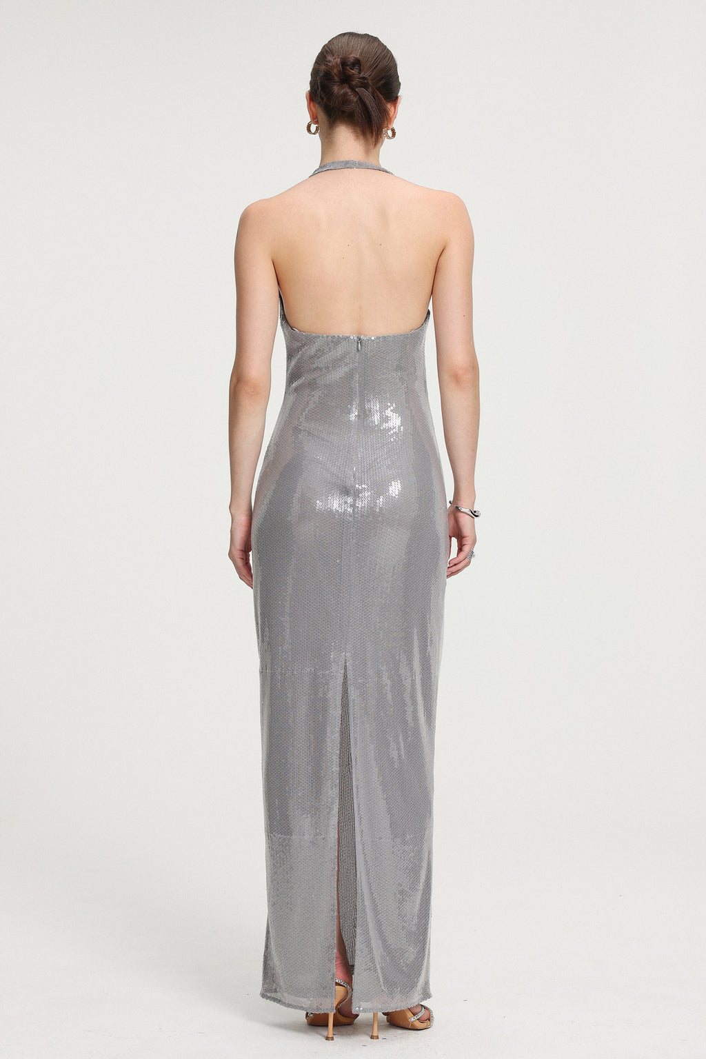 Sequined Halter V-neck Maxi Dress	