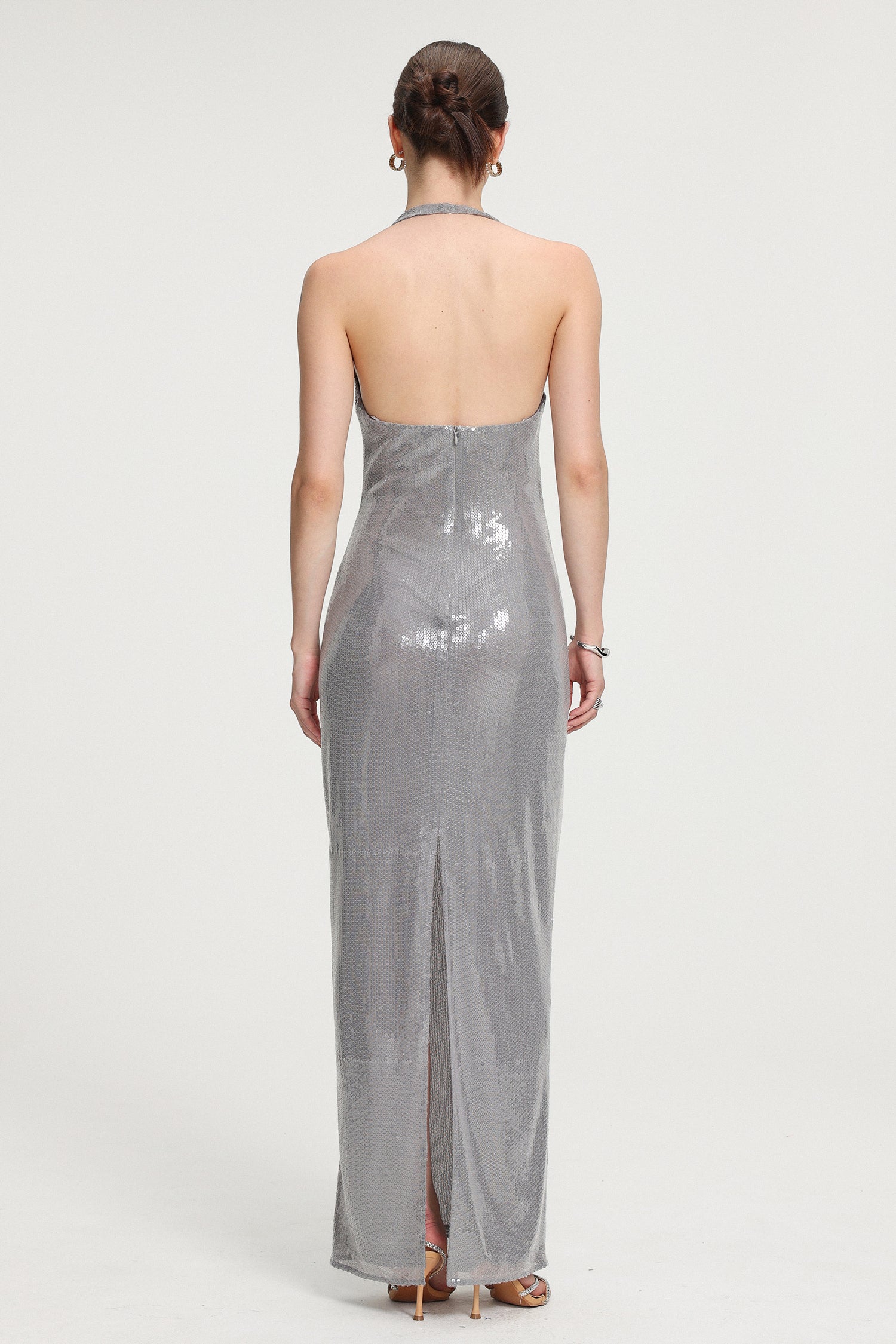 Sequined Halter V-neck Maxi Dress	