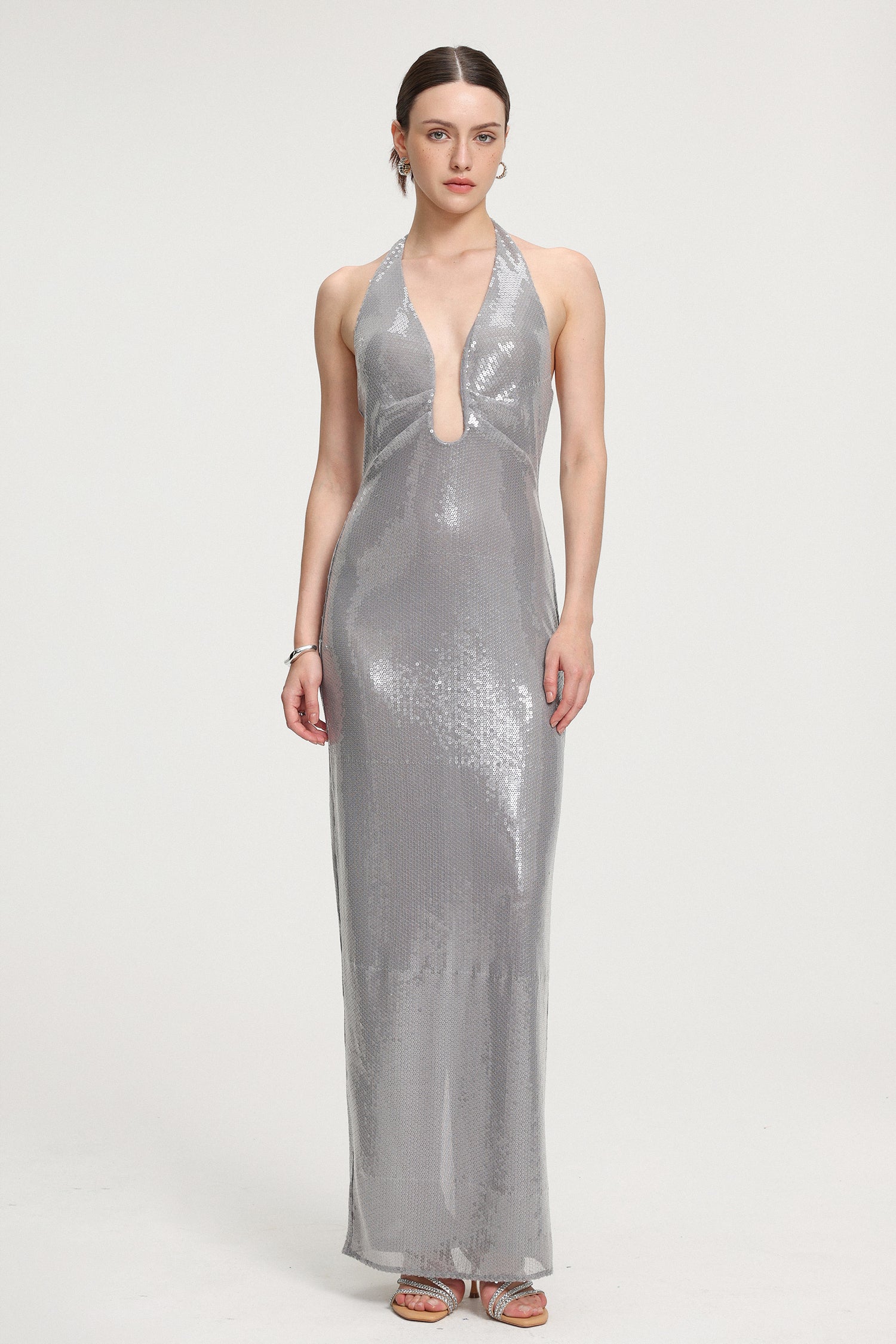 Sequined Halter V-neck Maxi Dress	