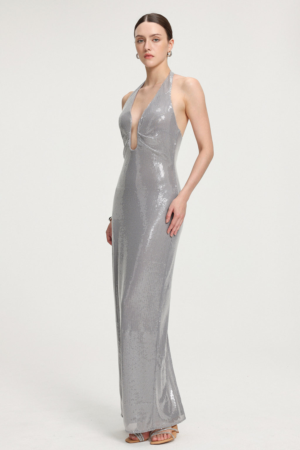Sequined Halter V-neck Maxi Dress	