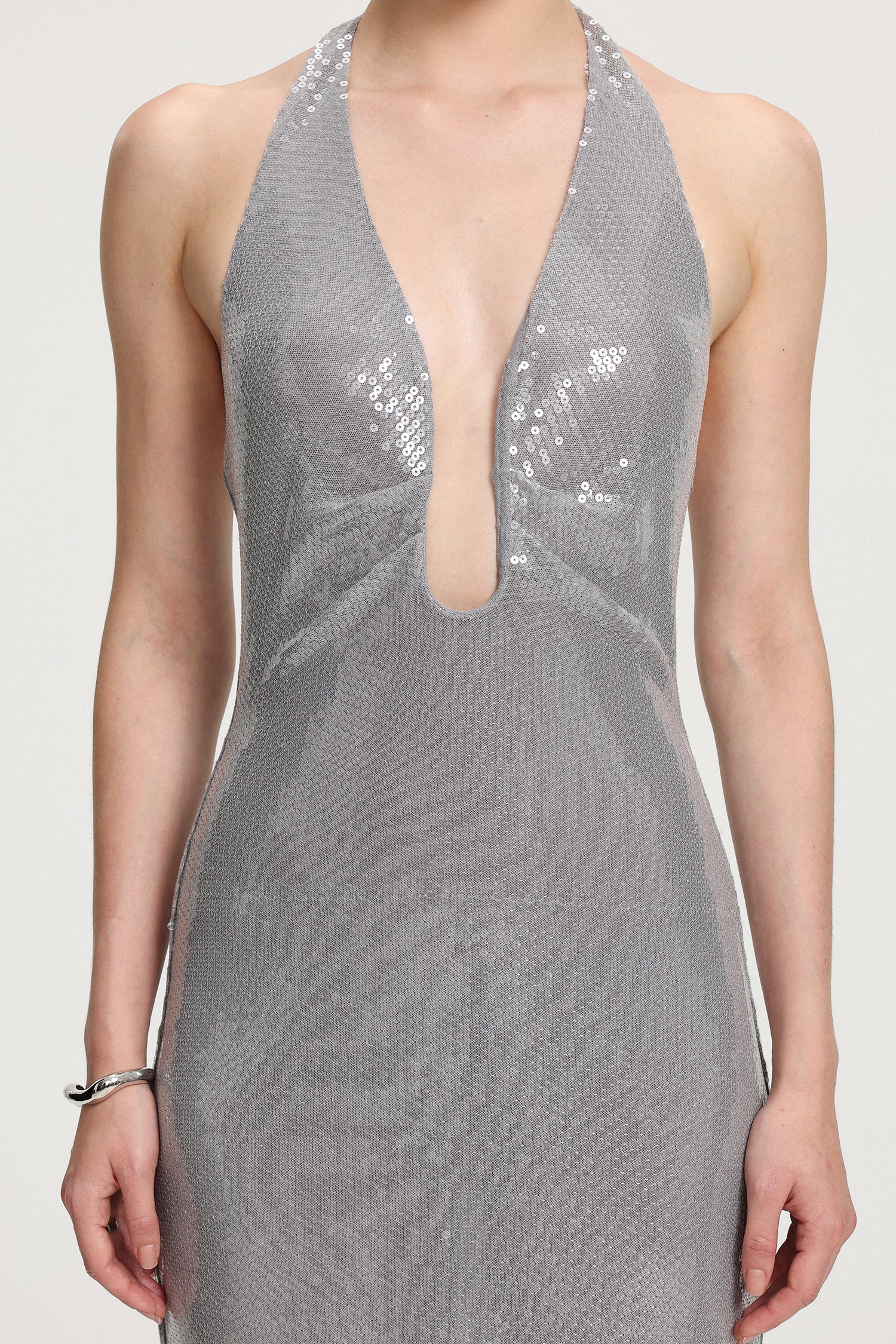 Sequined Halter V-neck Maxi Dress	