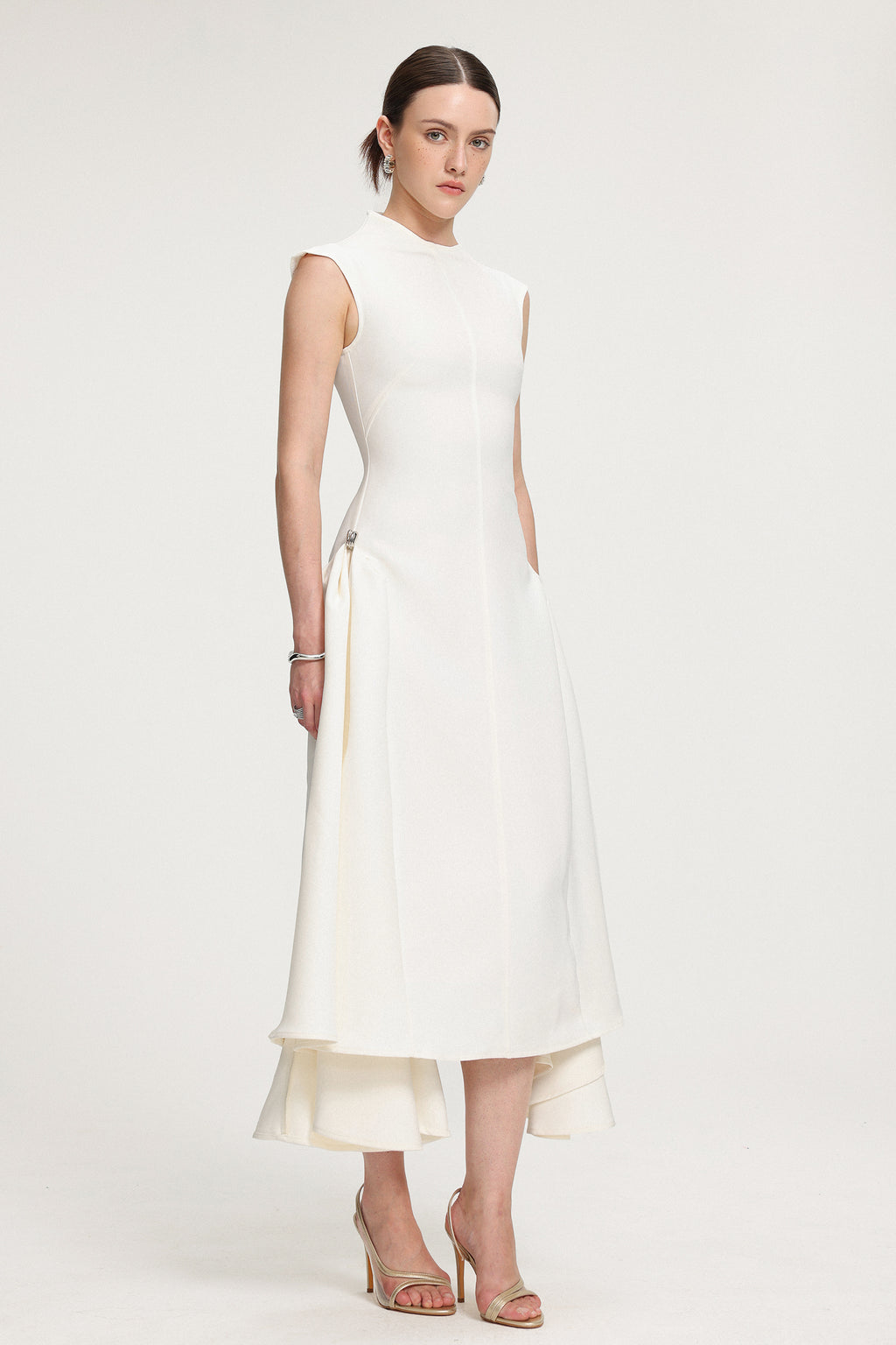 Asymmetric Hem Crepe Midi Dress	